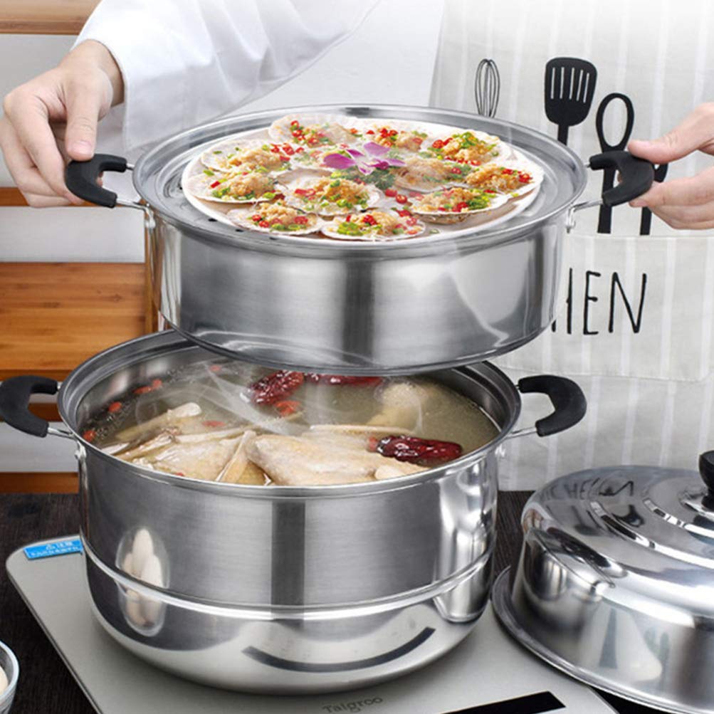 Stainless Steel Steamer Pot - 3-Layer Stackable Steaming Cookware for Soup, Dumplings & Vegetables | Durable Kitchen Stockpot for Home Cooking & Meal Prep | Perfect for Stovetop, Induction & Gas Burners