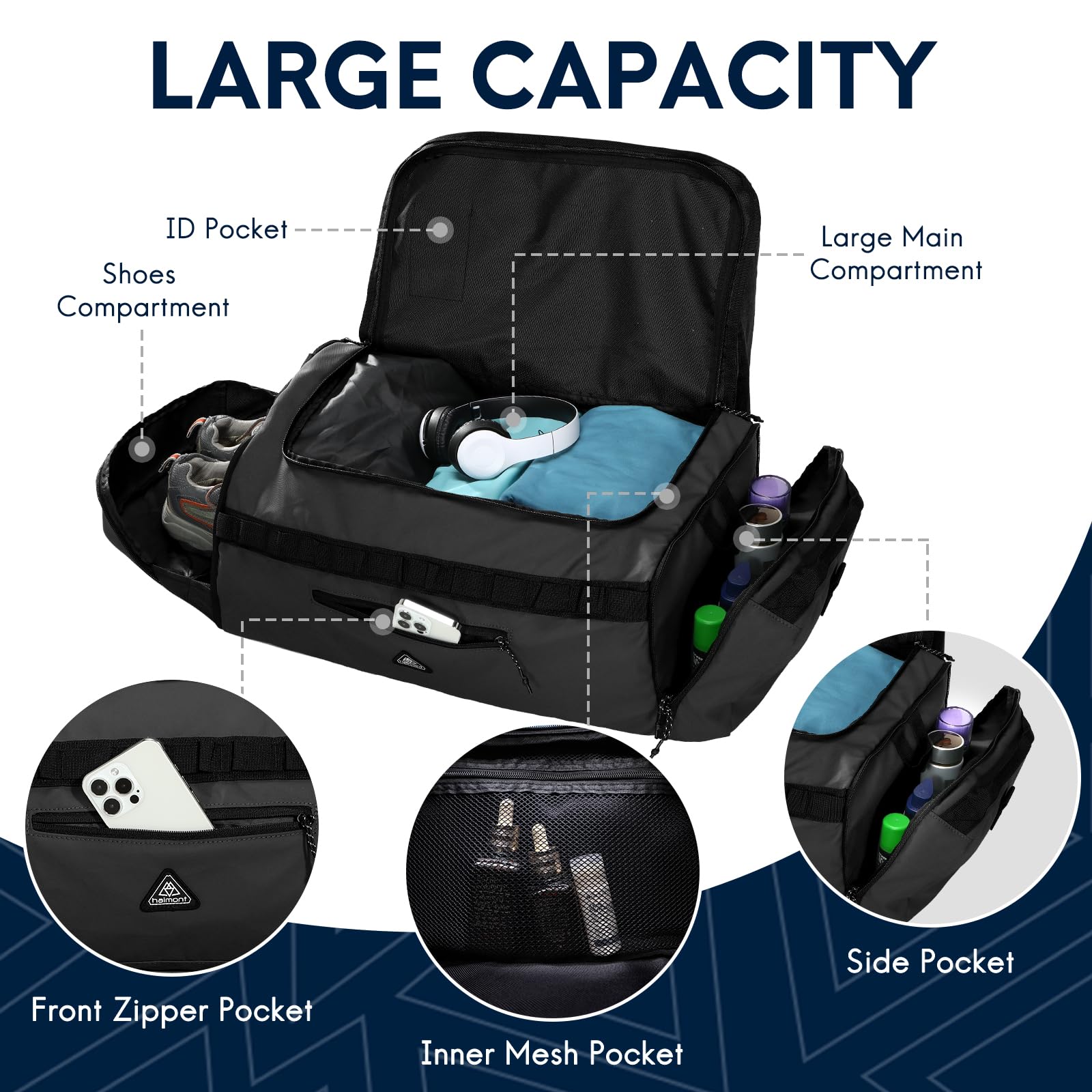 Haimont 50L Foldable Water Resistant Duffel Bag Backpack with Shoe Compartment - Large Travel Duffle for Men & Women - Perfect for Hiking, Camping, Gym, Sports & Weekend Getaways - Upgrade Version in Black