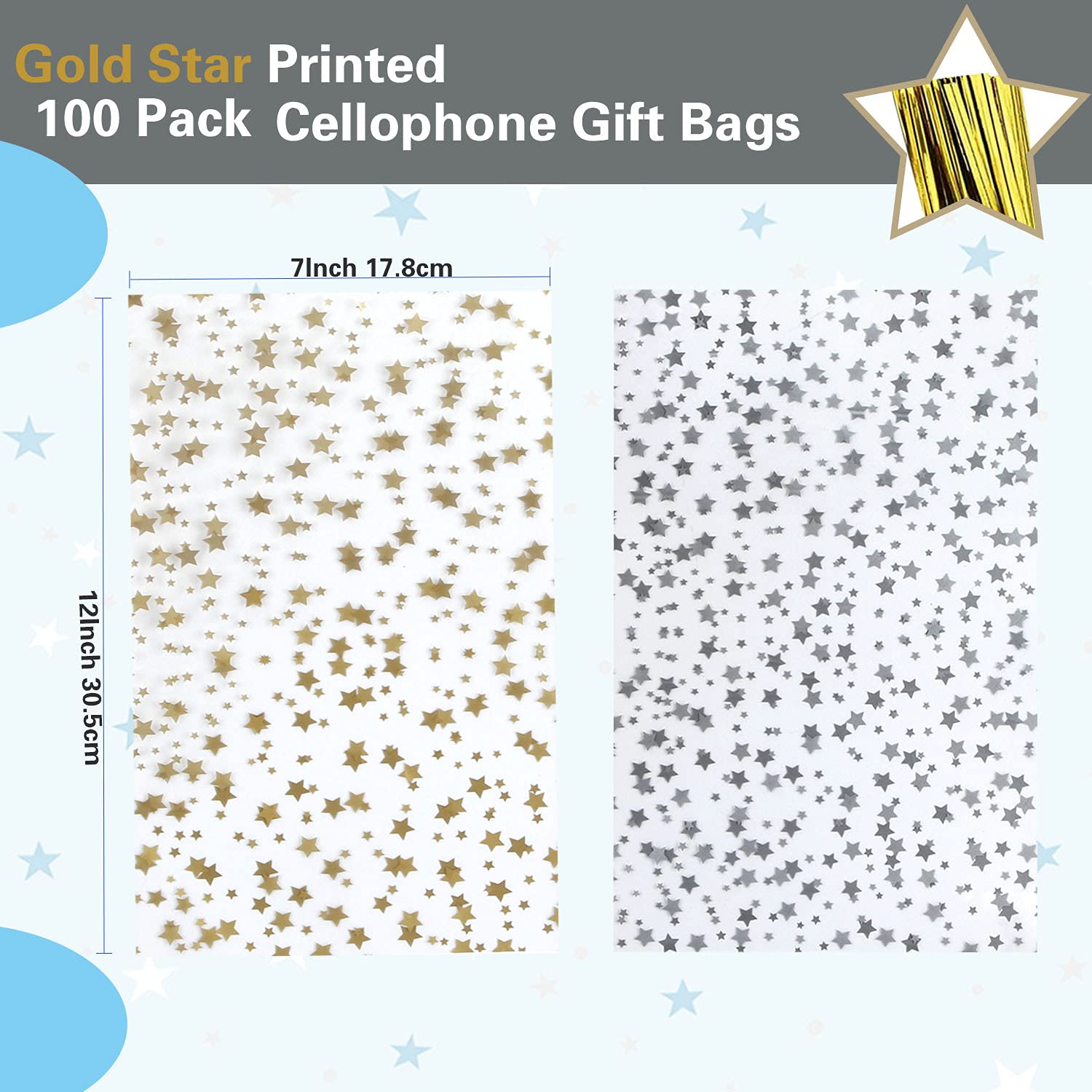 100 Pcs Gold Star Printed 7