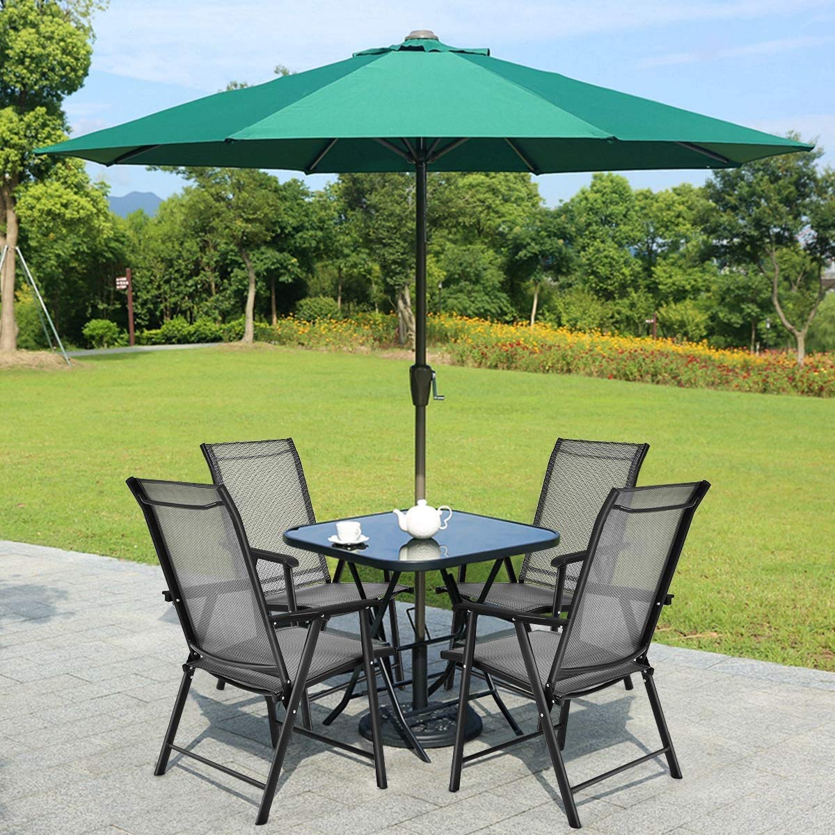 Foldable Patio Chairs Set of 4 - Portable Indoor & Outdoor Lounge Chairs with Armrests & Footrest - Durable Metal Frame & Breathable Fabric for Dining, Lawn, Garden, Backyard, Poolside - Perfect for Relaxing, Sunbathing & Outdoor Entertaining