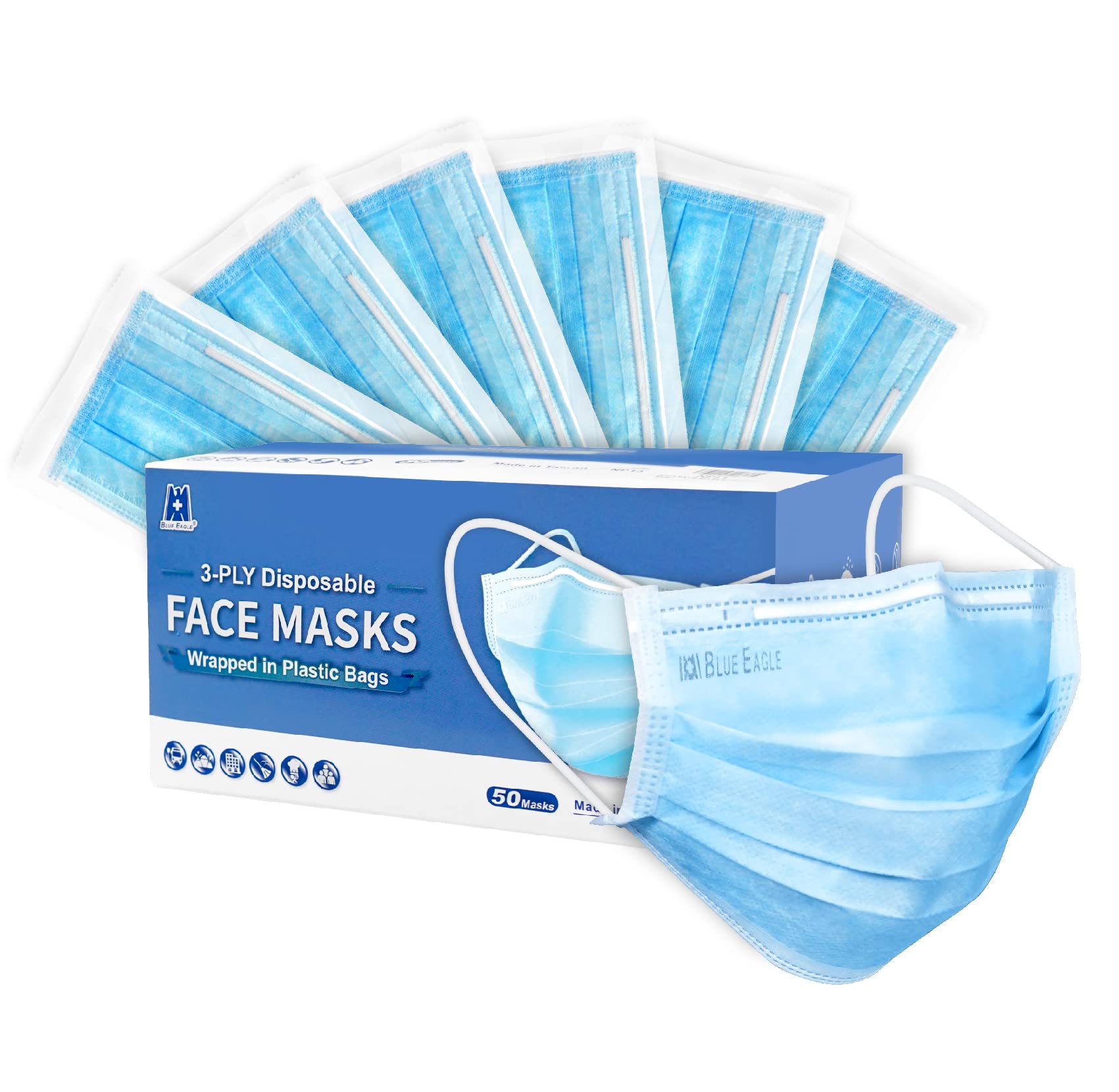 BlueEagle 3-Ply Disposable Face Masks for Adults - Individually Wrapped, Soft Comfortable Inner Layer, Large Size Fit for Men & Women - 50 Pack Sky Blue | Perfect for Travel, Work, School & Daily Protection