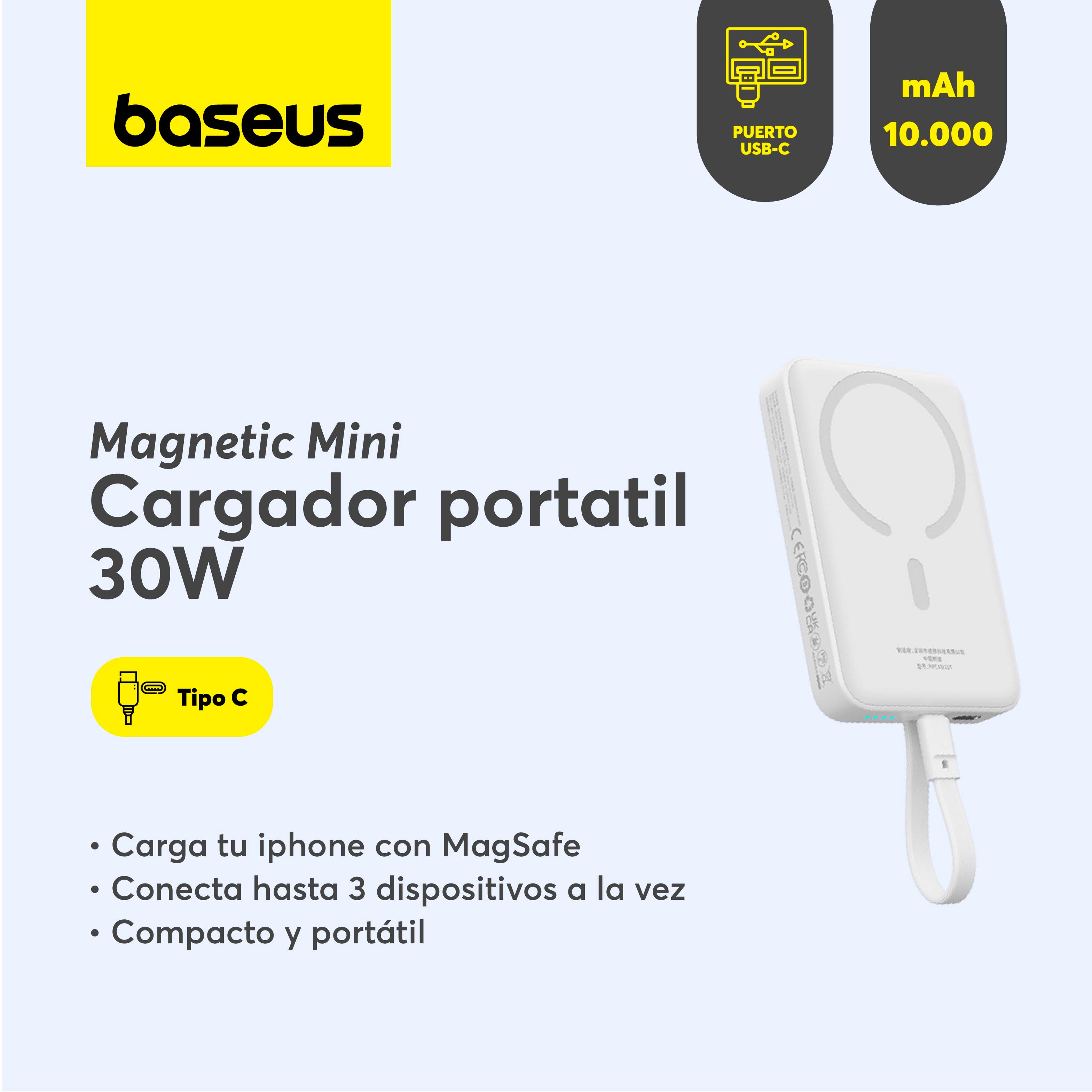 Baseus 10000mAh Magnetic Wireless Power Bank with 30W Fast Charging & Type-C Port - Perfect for iPhone, Android & AirPods Charging On-The-Go