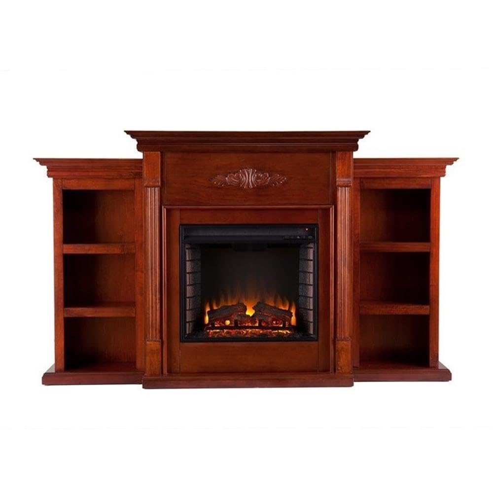 SEI Tennyson Electric Fireplace Bookcase with Built-in Shelves - Mahogany Finish - Perfect for Living Room, Bedroom, or Office Decor