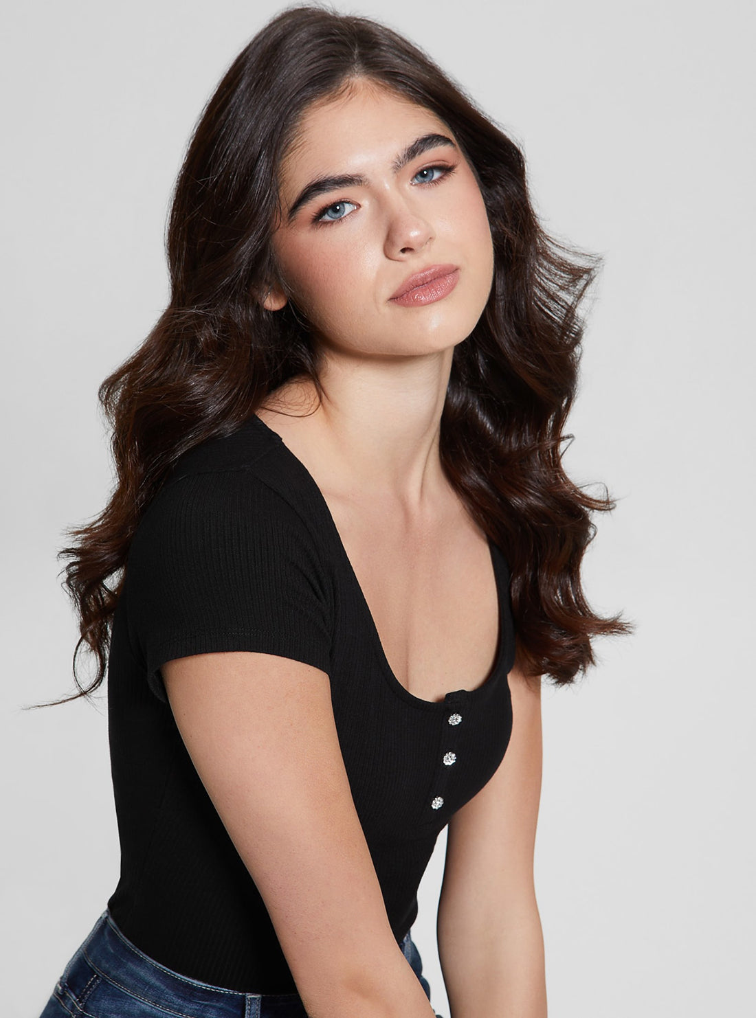 Eco-Friendly Black Karlee Jewel Henley T-Shirt for Women - Soft Cotton Casual Top for Everyday Wear & Layering