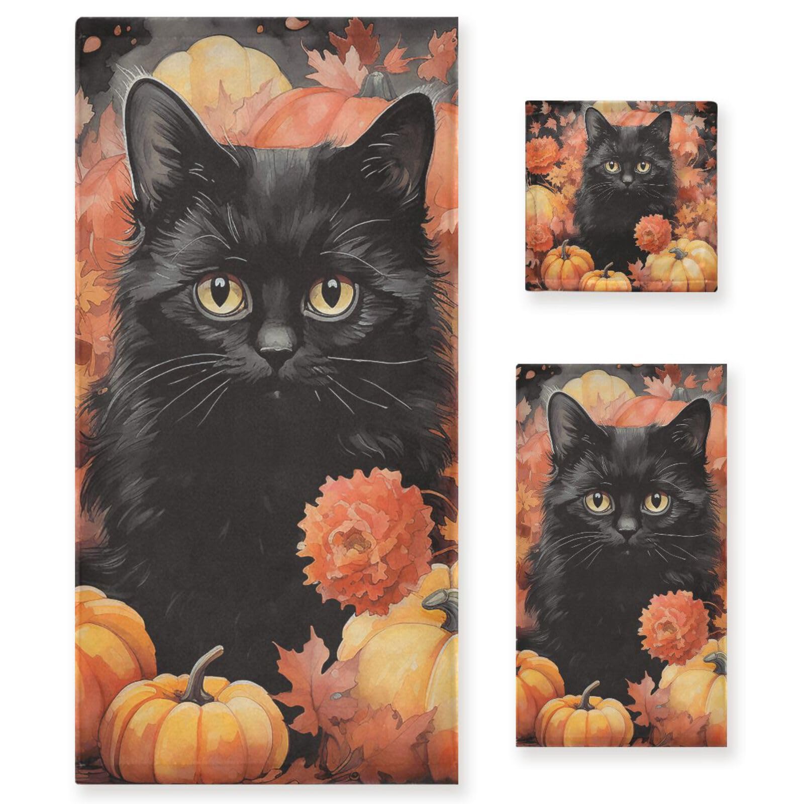 Premium Absorbent Microfiber Bath Towel Set - Soft Decorative Bathroom Towels with Washcloths | Quick-Drying Beach & Shower Towels for Home, Spa, Pool, and Travel | Thanksgiving Pumpkin & Halloween Cat Design