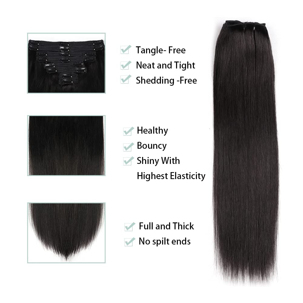 Straight Clip in Hair Extensions for Black Women - 8pcs Real Human Hair Set with 18 Clips & Double Lace Weft, 120g, 100% Soft Natural Black Hair (24Inch, #1B) - Perfect for Daily Styling, Parties & Special Occasions