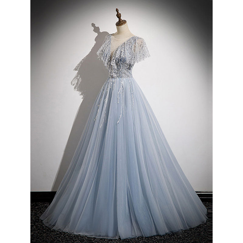 Elegant Deep V Neck A-Line Prom Dress in Gray Blue with Sequins - Perfect for Evening Parties, Homecoming, and Formal Events