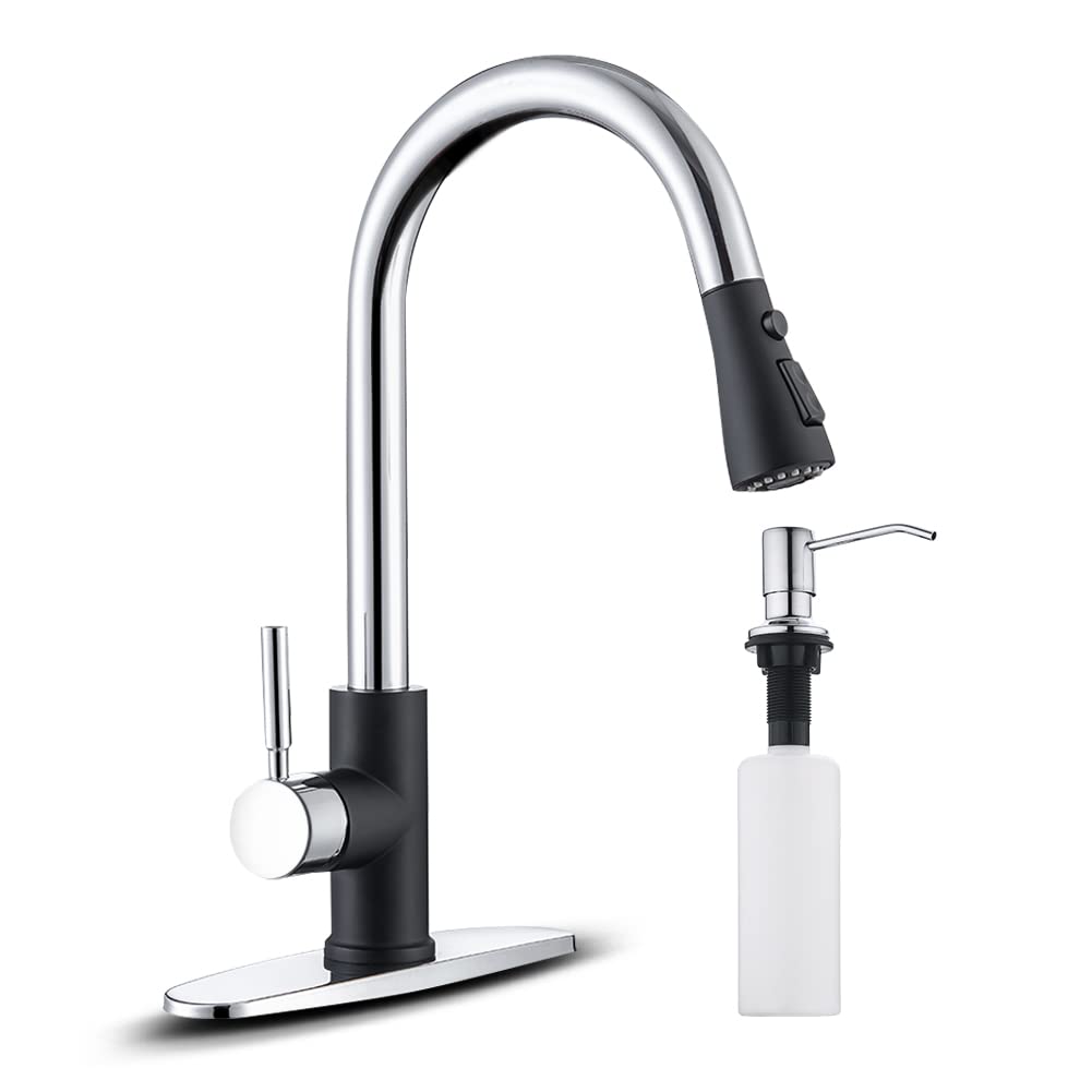 Premium Black & Chrome Pull Down Kitchen Faucet with Sprayer - Stainless Steel Single Handle Sink Faucet for 1 or 3 Hole Installation - Includes 1/2