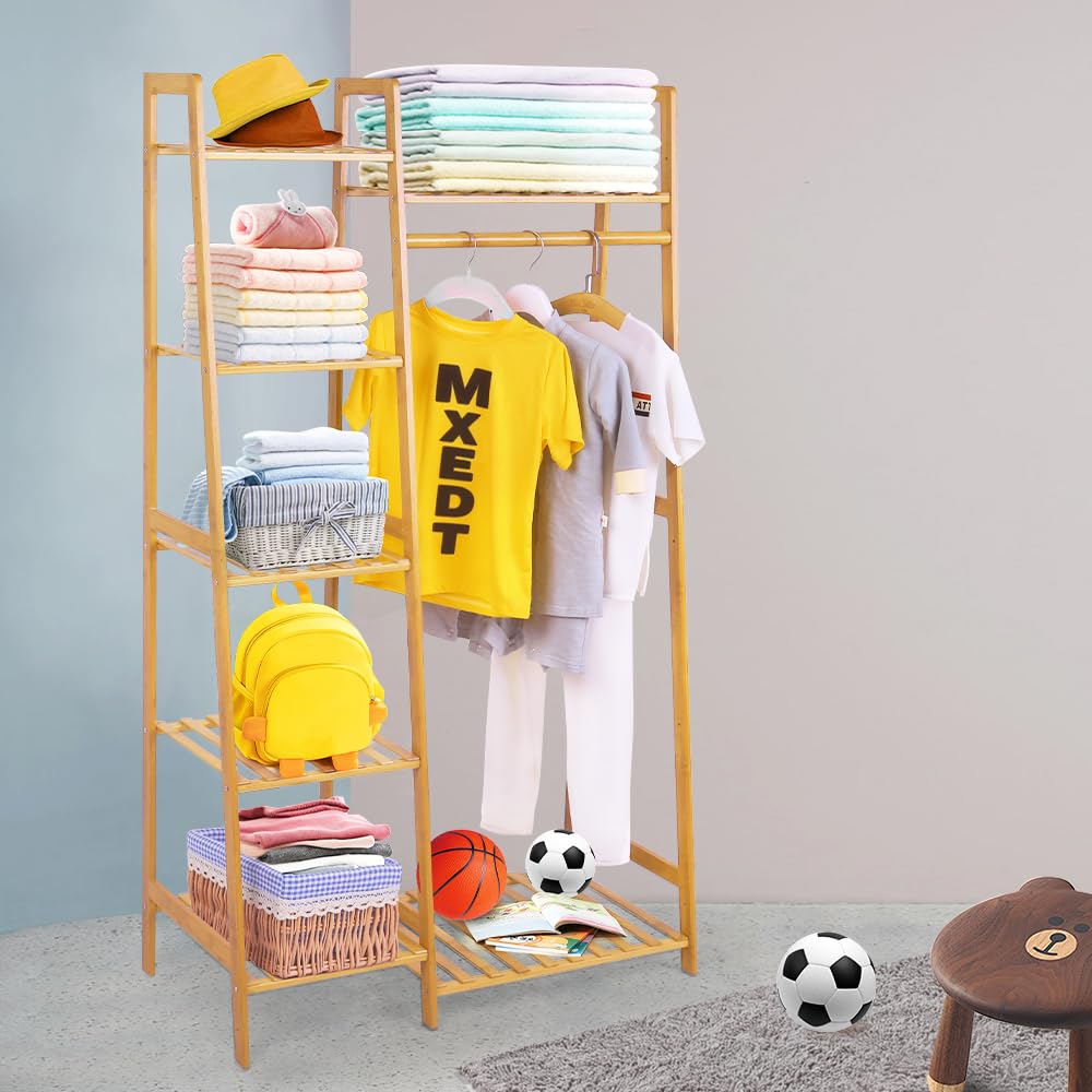 Bamboo Wooden Clothes Rack with Shelves - Space Saving Free Standing Garment Organizer for Kids & Small Spaces | Ladder Design for Corner Placement | Perfect for Bedroom, Nursery & Closet Organization