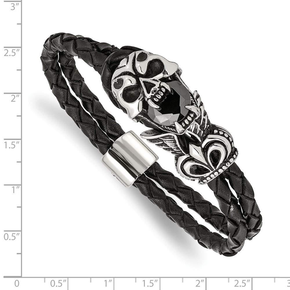 Vintage Stainless Steel & Glass Leather Bracelet - 8.5