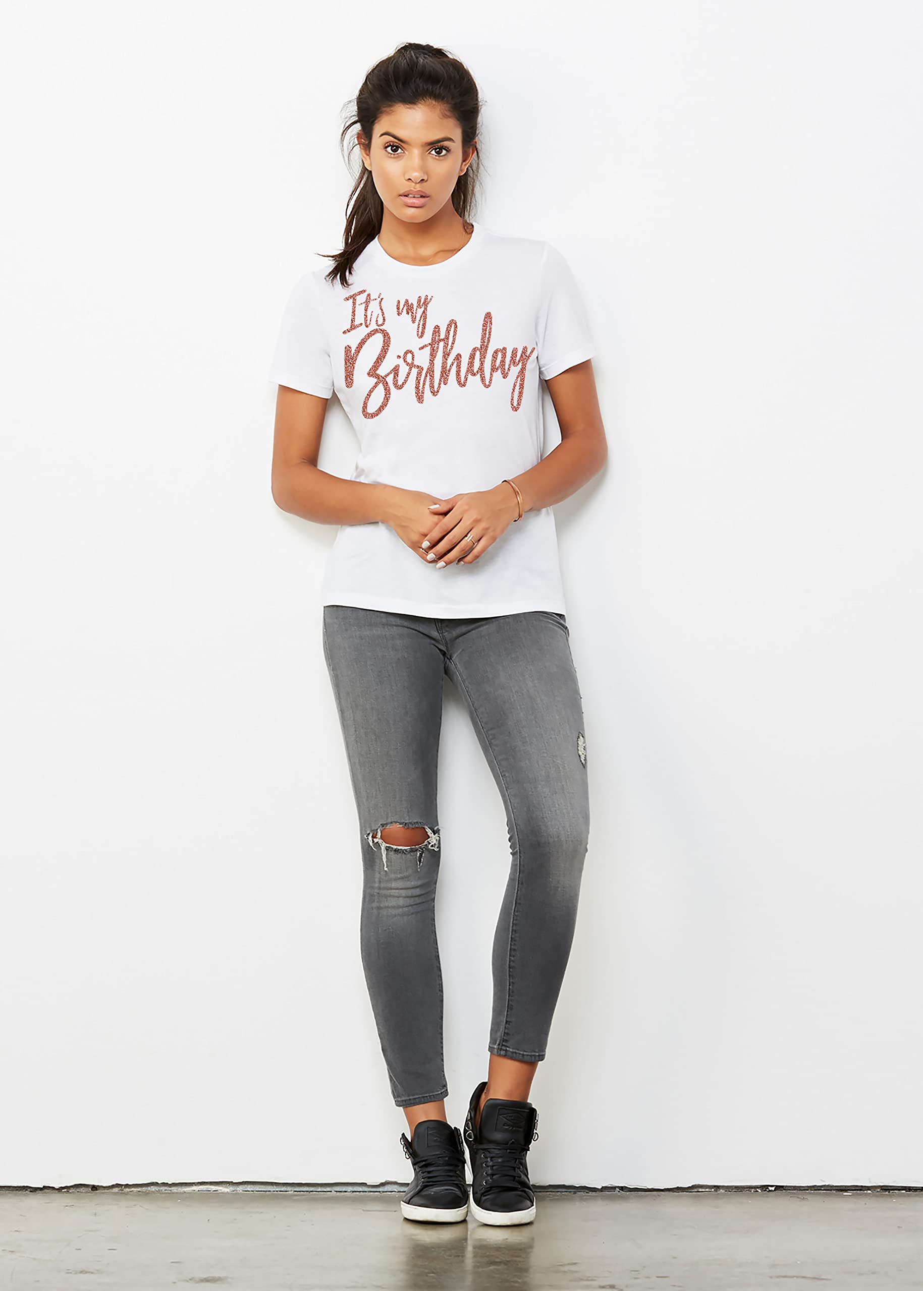 Women's Birthday Squad T-Shirt - Glam Rose Gold Party Tee - Small Black Crewneck Top for Bachelorette, Girls Night Out & Celebrations