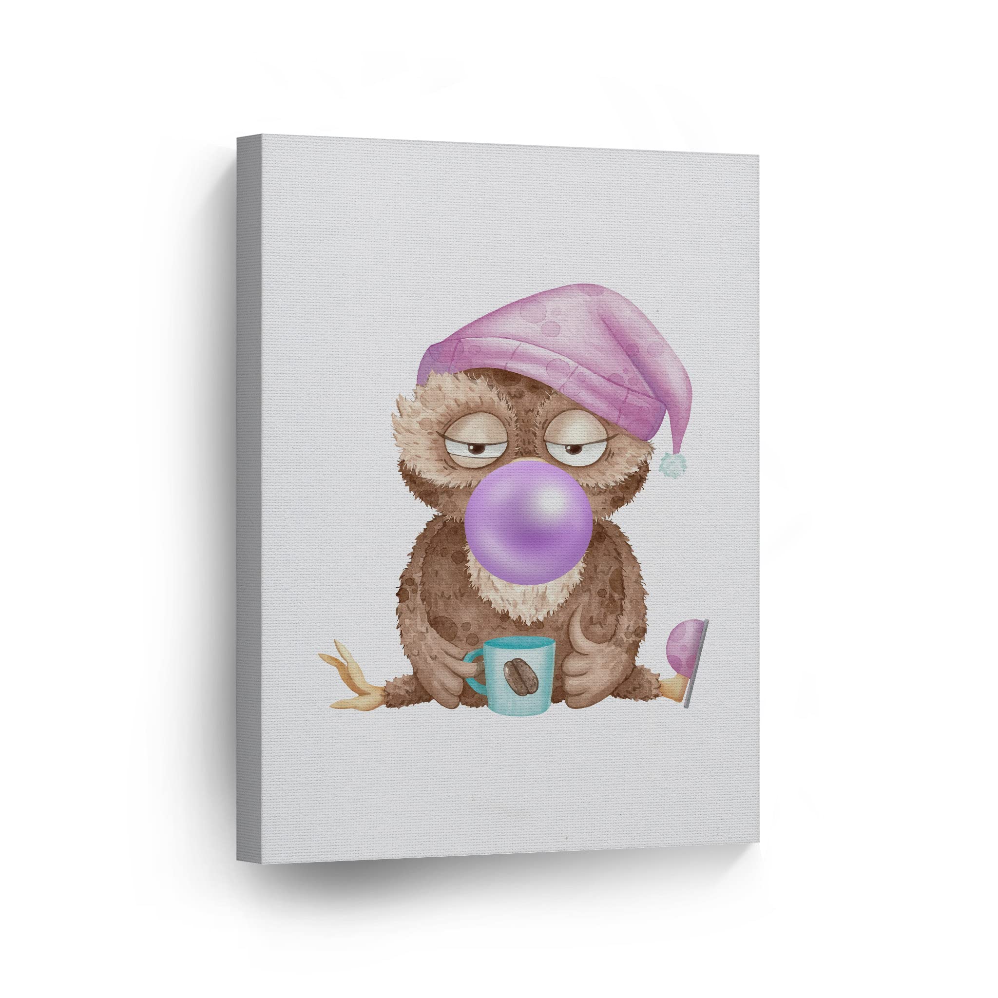 Sleepy Owl Drinking Coffee & Chewing Bubble Gum - Pop Art Canvas Wall Print 40x30 - Modern Animal Art for Office, Living Room, Bedroom & Nursery Decor - Perfect Gift for Home & Kids Room