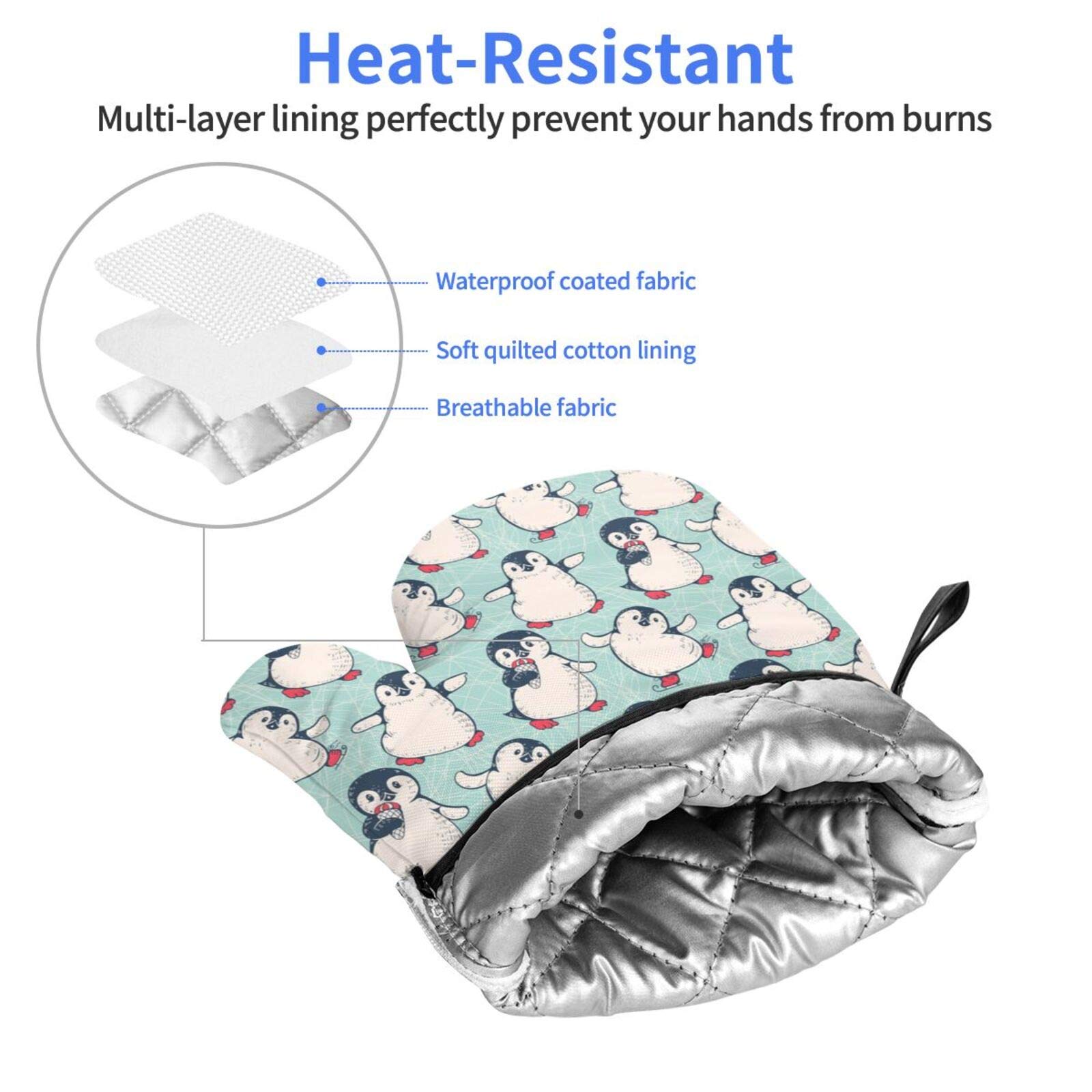 Heat Resistant Oven Mitts Set of 2 - Non-Slip Penguin Design Kitchen Gloves for Baking, Grilling & Cooking - Perfect for Holiday Baking & BBQ Parties