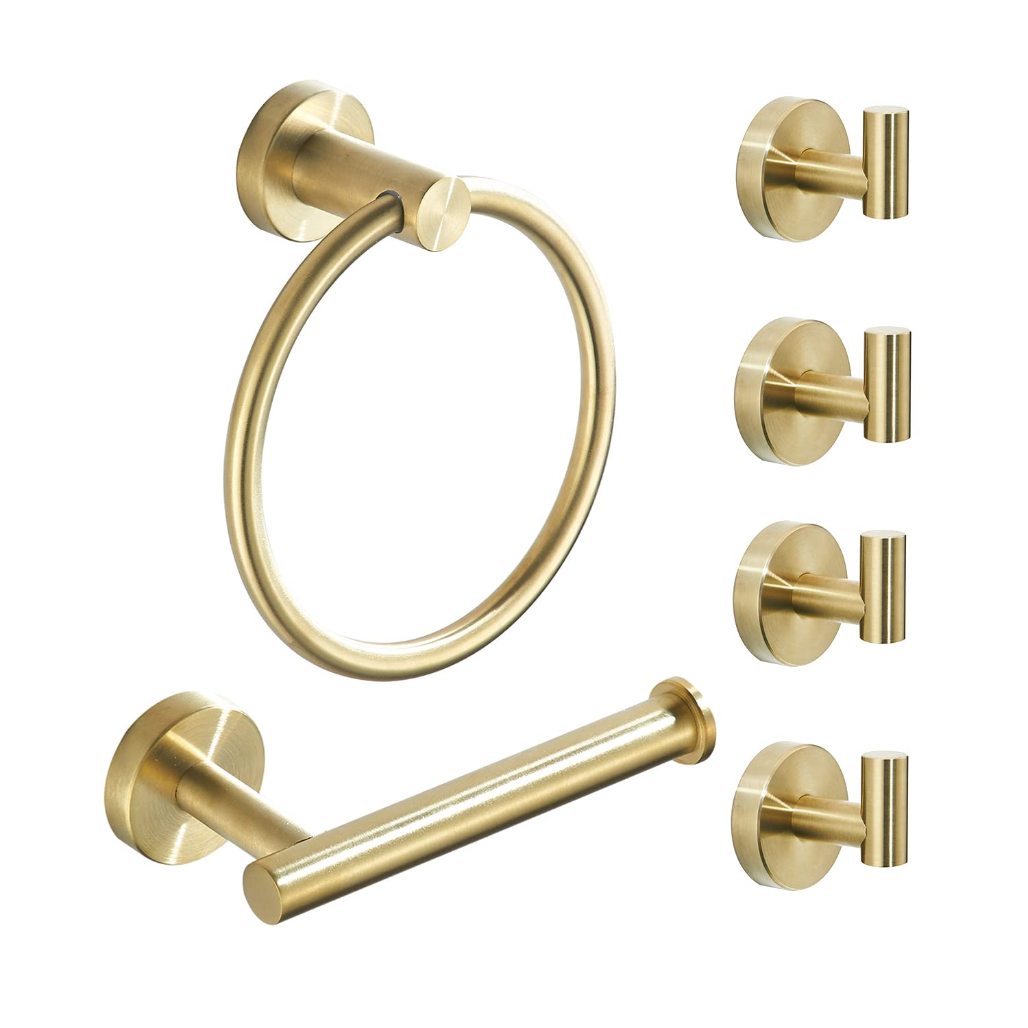 WEIKO 6-Piece Brushed Gold Bathroom Hardware Set - Stainless Steel Toilet Paper Holder, Towel Ring & 4 Robe Hooks - Modern Bathroom Accessories Kit for Wall Mounting | Perfect for Powder Rooms, Master Baths & Guest Bathroom Decor