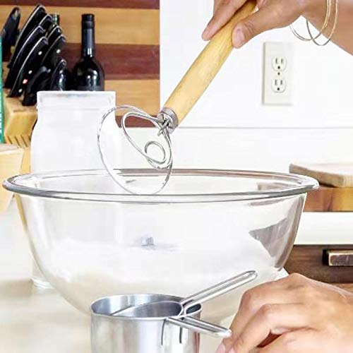 2-Pack Stainless Steel Dough Whisk Mixer with Wooden Handle - Perfect for Bread Making, Pizza Dough, Cookie Mixing & Baking Tools - Ideal for Home Bakers & Professional Kitchens