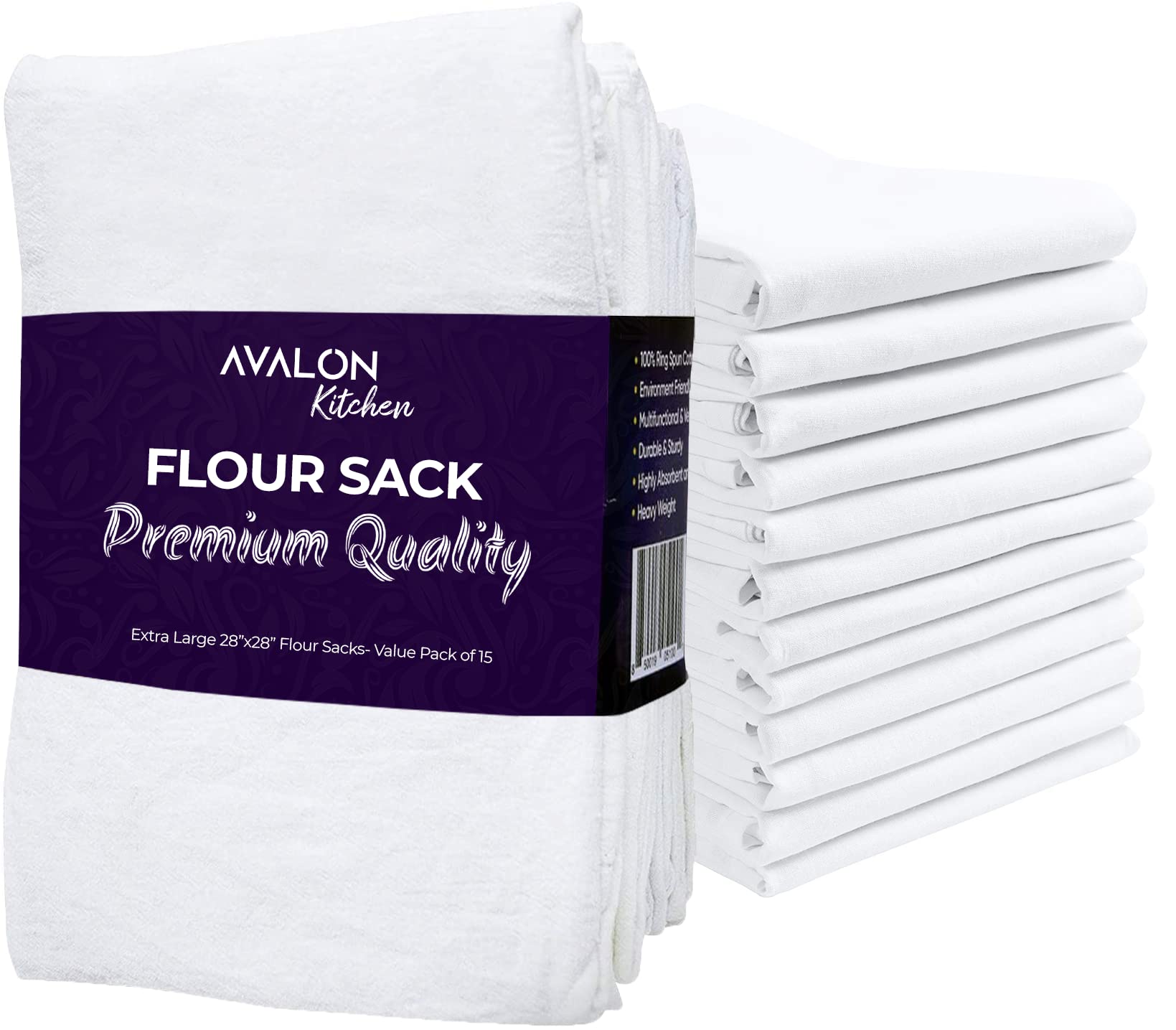 Avalon Kitchen Flour Sack Dish Towels - 15-Pack 28x28 Inch 100% Ring Spun Cotton - Super Absorbent & Durable Tea Towels for Cleaning, Drying Dishes - Multipurpose Kitchen Towels for Cooking, Baking & Home Decor