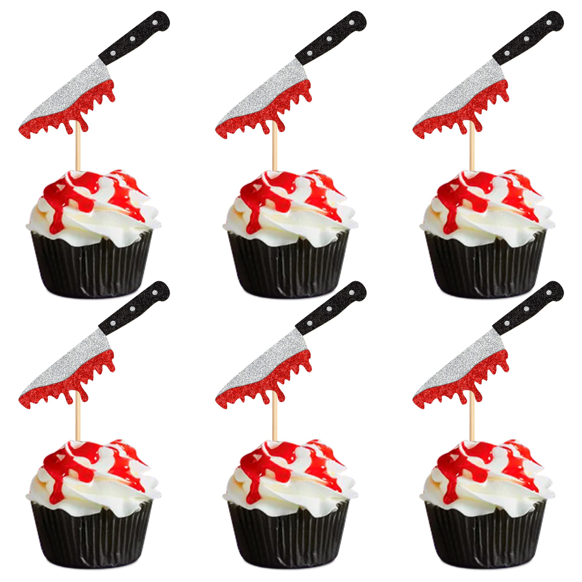 24 Pack Halloween Knife Cupcake Toppers - Glitter Bloody Horror Cake Picks for Halloween, Birthday & Baby Shower Party Decorations - Perfect for Spooky Themed Cakes, Cupcakes and Desserts