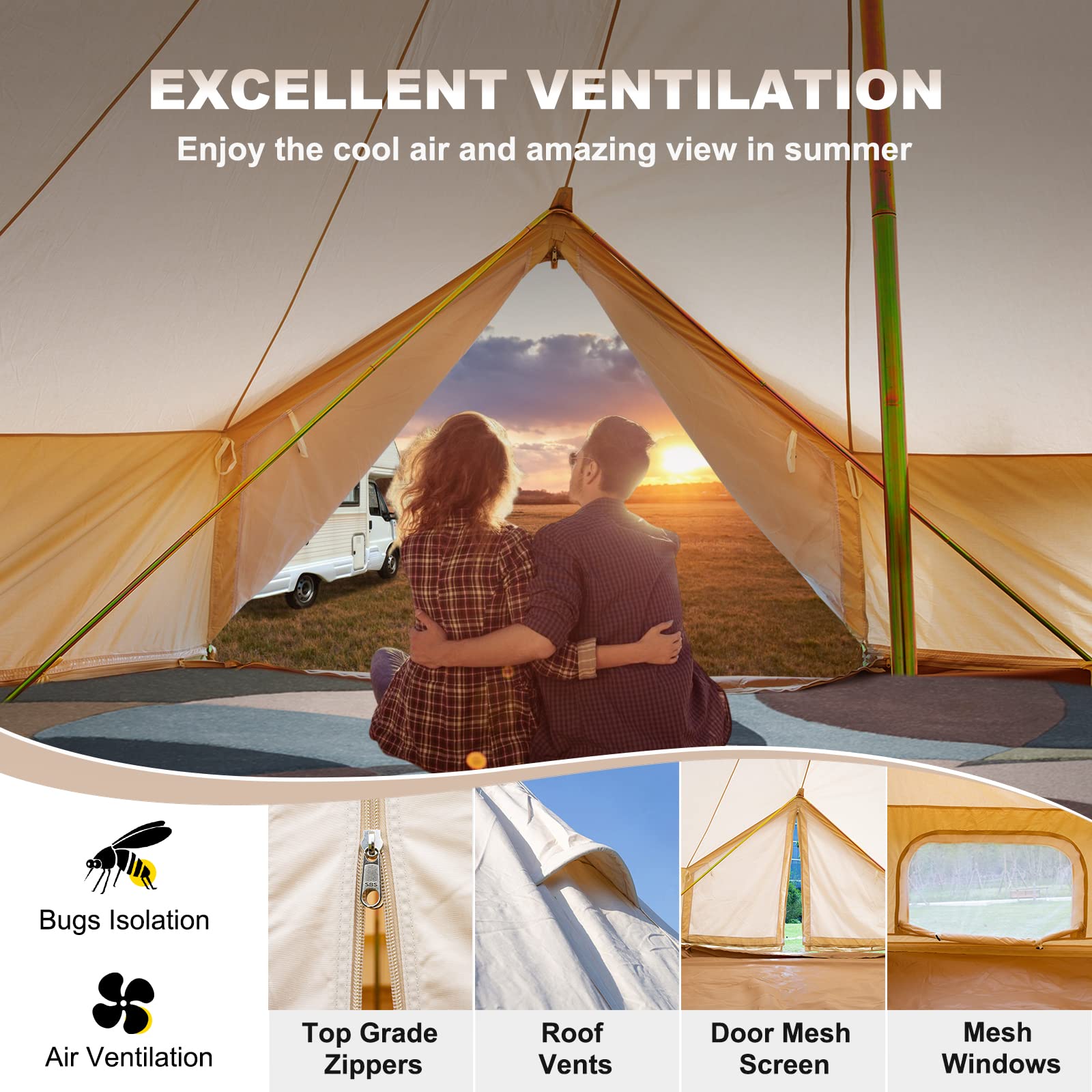 Happybuy 4-Season Canvas Bell Tent - 100% Cotton Breathable Yurt Tent with Stove Jack | Waterproof Luxury Glamping Tent for Family Camping, Outdoor Hunting & Parties | Perfect for Backyard Gatherings, Music Festivals & Wilderness Adventures