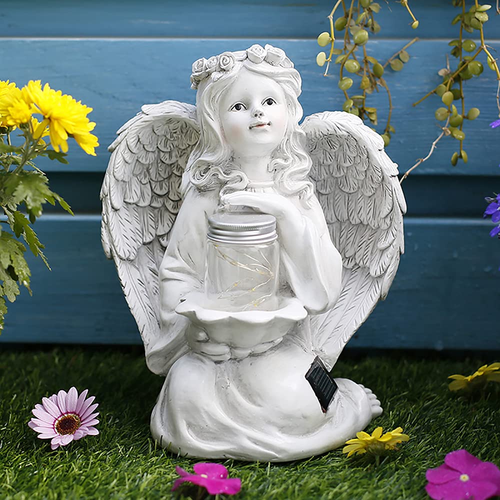 Solar Powered Fairy Angel with Wings - LED Garden Light in Glowing Jar for Outdoor Decor, Patio, Lawn, Yard, and Fairy Garden Lighting
