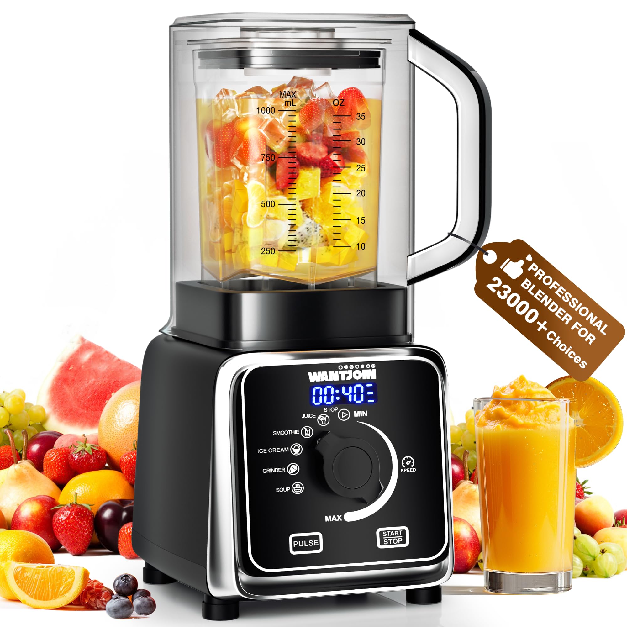 WantJoin Professional Blender for Kitchen - 9-Speed Quiet Blender with Sound Shield, 5 Functions & Easy Cleaning, 34oz/1L Capacity for Smoothies, Milkshakes, Juices - Perfect for Home, Gym & Healthy Lifestyle
