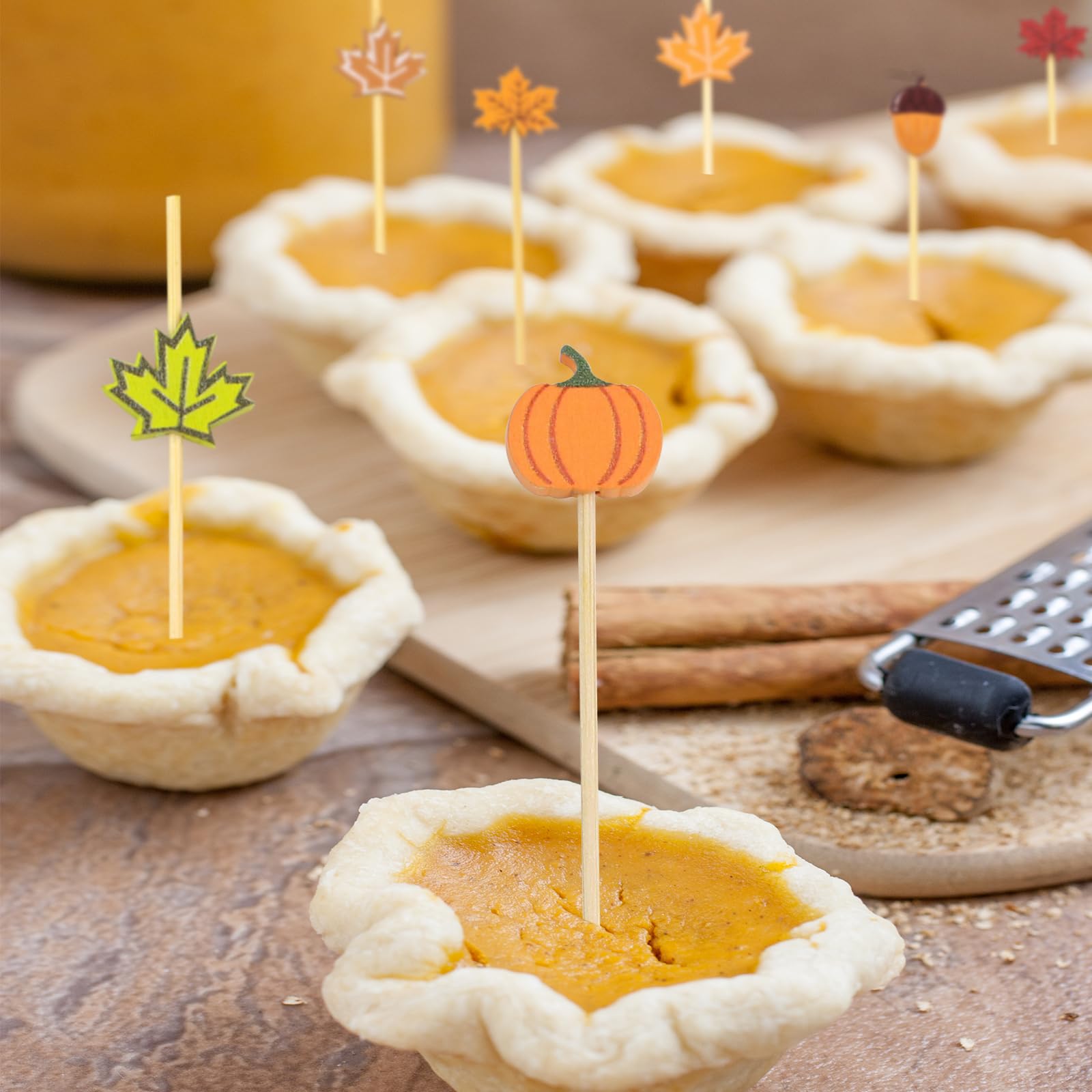 100PCS Fall Cocktail Picks 4.7 Inch - Decorative Bamboo Toothpicks with Autumn Leaves, Pumpkins & Acorns Designs for Thanksgiving Party, Appetizers, Fruit Skewers & Drink Decorations - Perfect for Seasonal Gatherings, Holiday Tablescapes and DIY Crafts