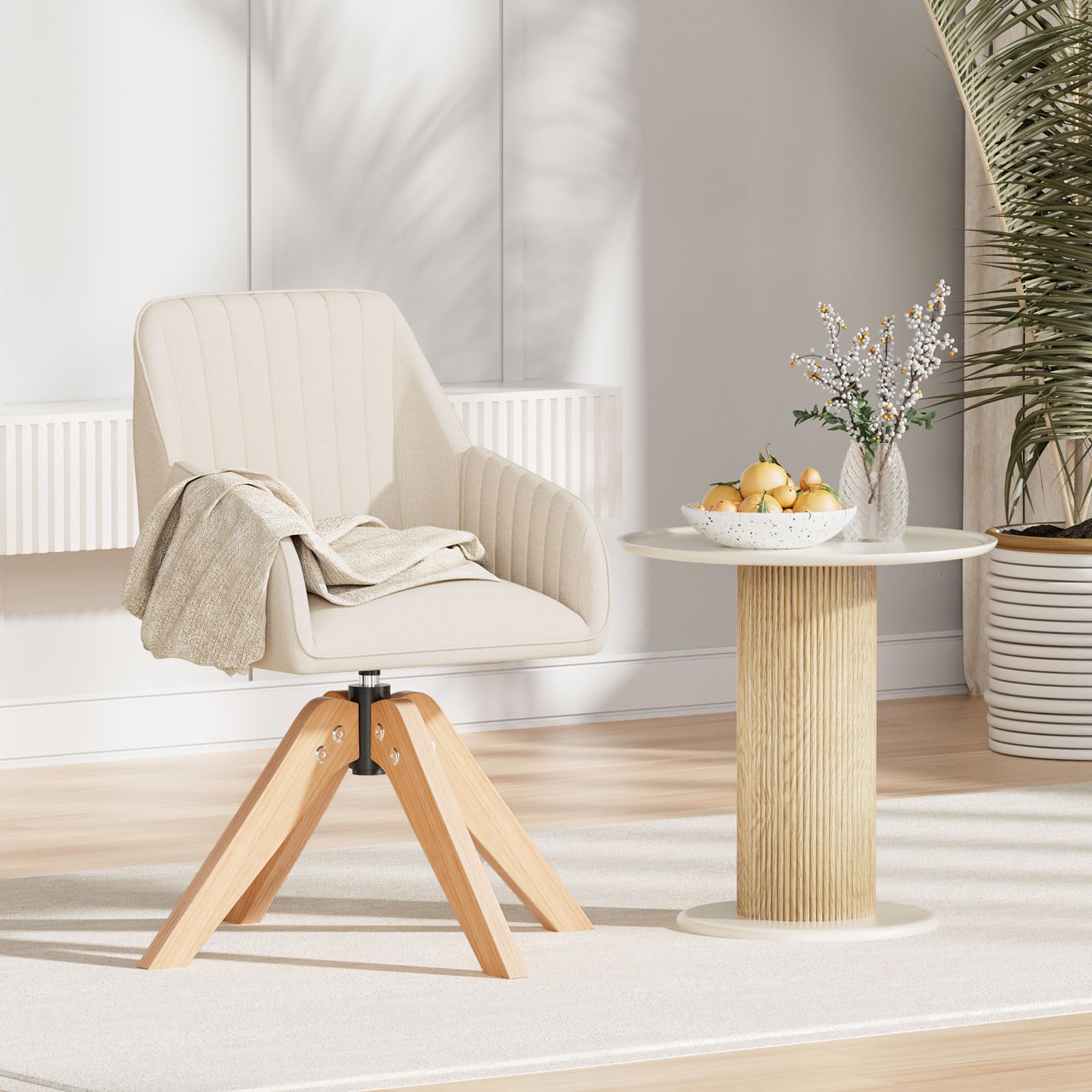 Mid Century Modern Swivel Accent Chair - Upholstered Wooden Armchair with Mid Back Support, Faux Linen Beige - Perfect for Living Room, Home Office, Bedroom & Vanity Desk - No Wheels Comfortable Seating for Relaxing & Working