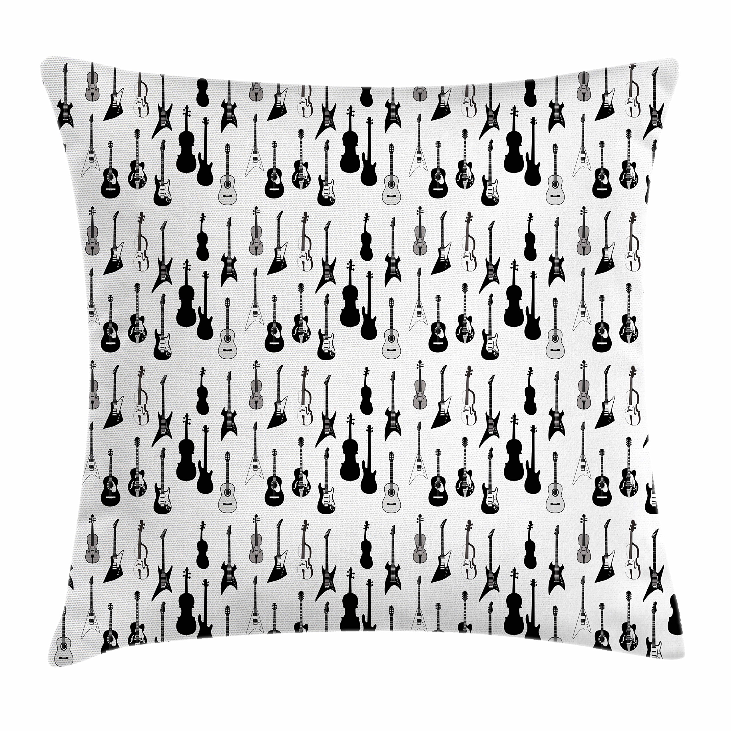 Ambesonne Music Themed Throw Pillow Cover - Monochrome Acoustic, Electric Guitar, Cello & Violin Design - Decorative Square Cushion Case 26x26 Inches in Black, White & Grey - Perfect for Living Room, Bedroom & Music Studio Decor