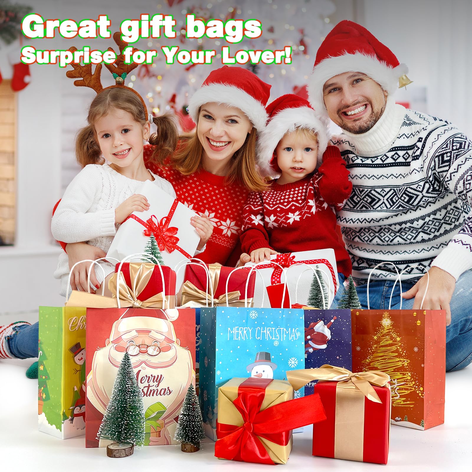 24Pcs Christmas Kraft Gift Bags with Handles - Bulk Holiday Paper Gift Bags for Party Favors, Presents & Gifts - 6 Festive Designs - Perfect for Christmas Parties, Office Exchanges & Holiday Gift Wrapping