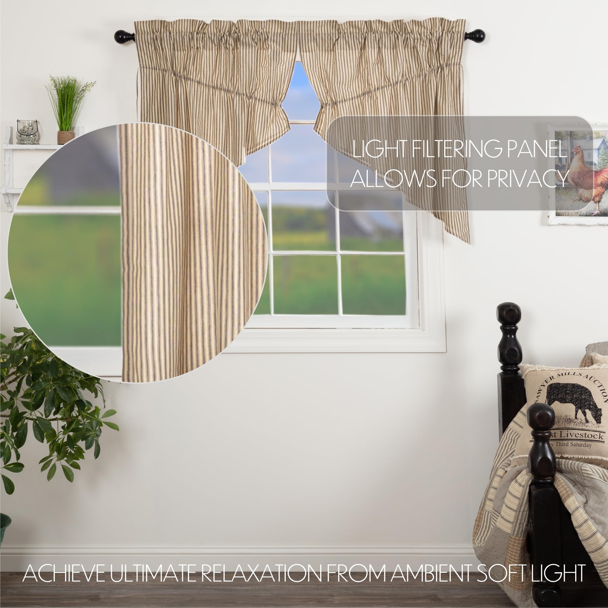 Sawyer Mill Charcoal Swag Set - Farmhouse Lined Curtains with Country Stripes, 36x36 Inches - Perfect for Kitchen Windows & Cozy Farmhouse Decor