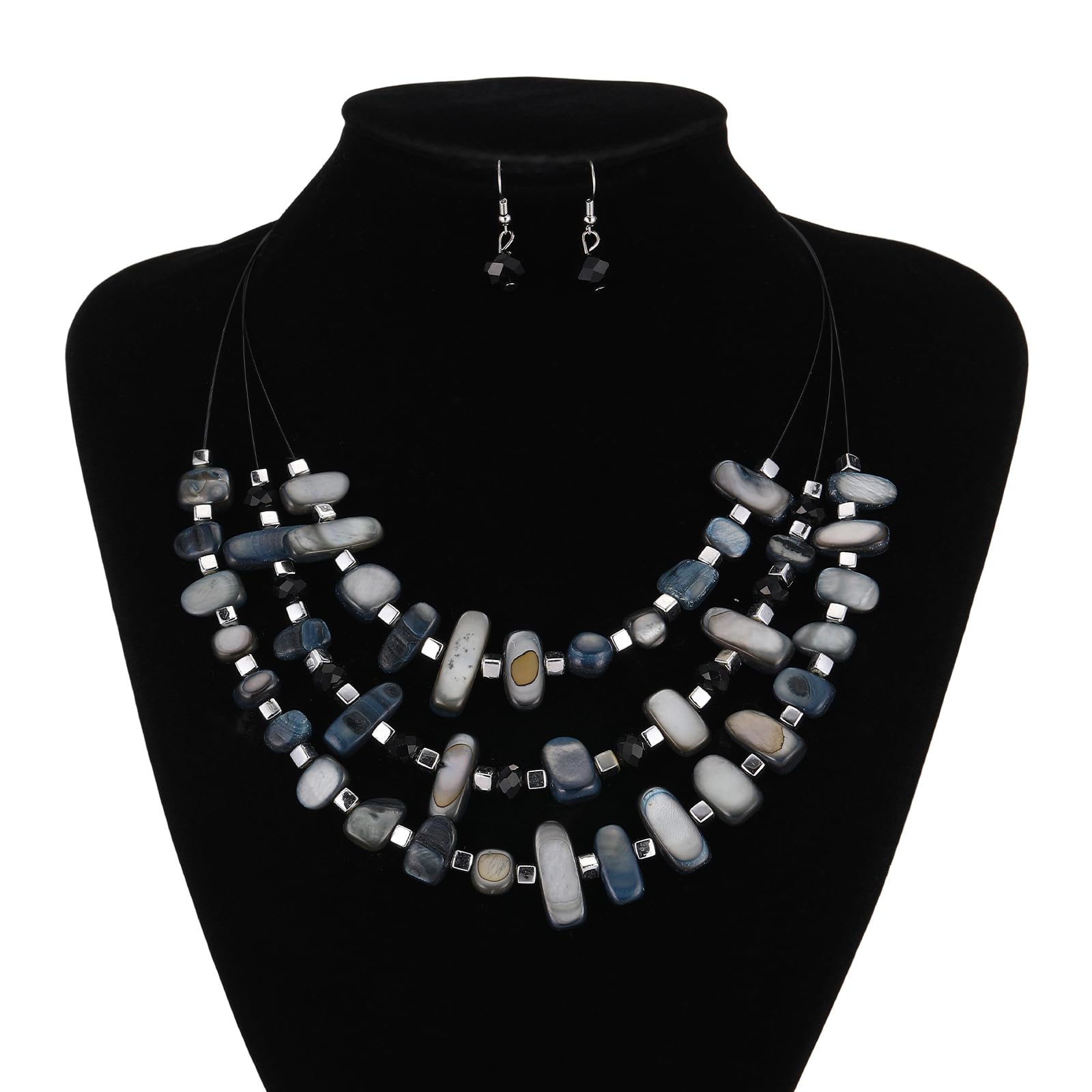 3-Layer Chunky Statement Beaded Necklace for Women - Boho Fashion Jewelry Set with Matching Earrings - Perfect for Parties, Weddings & Gifts