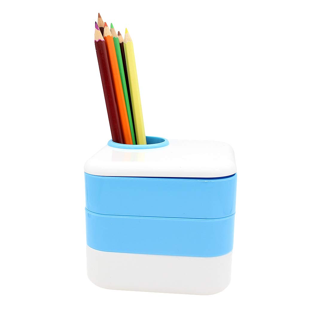 Rotating Drawer Desk Organizer - Blue Square Pen Holder with 3 Compartments | Perfect for Office, School & Home Workspace Organization | Pencil Cup Container for Desk Accessories