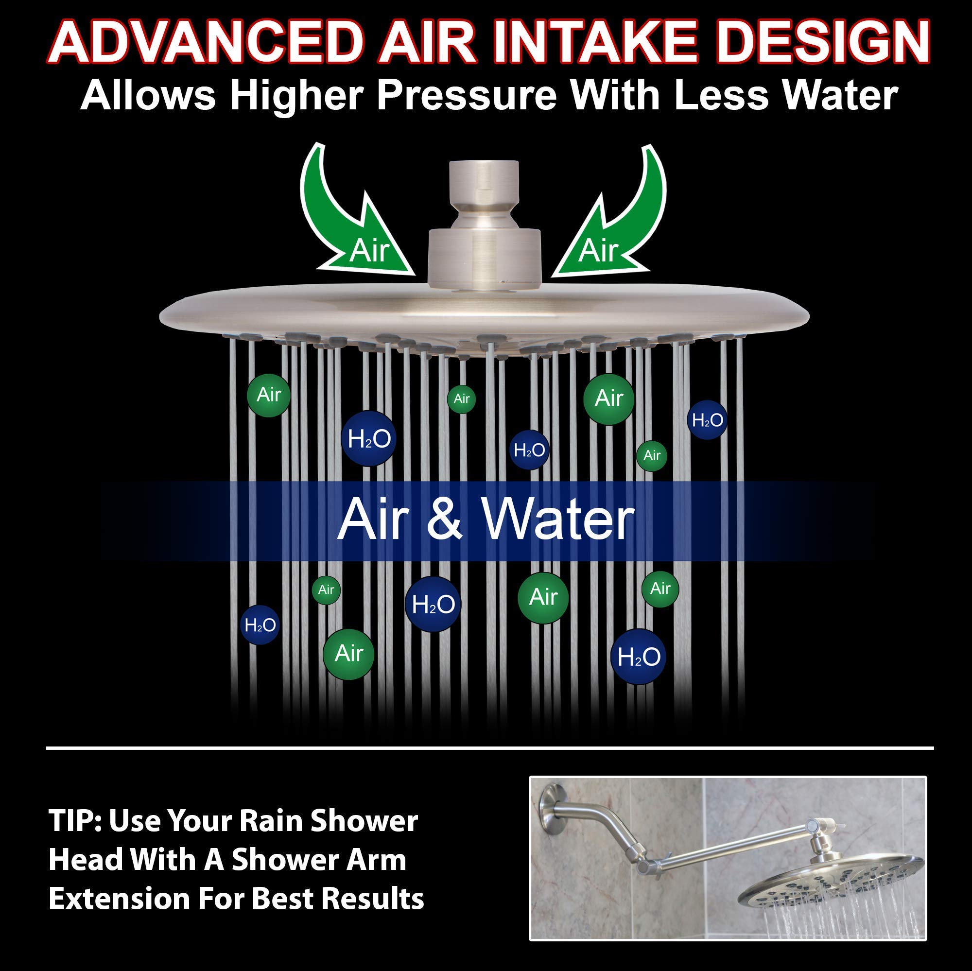 9 Inch High Flow Rainfall Shower Head with Water Filter & Adjustable Extension Arm - Removes Chlorine, 2.5 GPM Brushed Nickel - Perfect for Spa-Like Bathroom Experience & Hard Water Areas