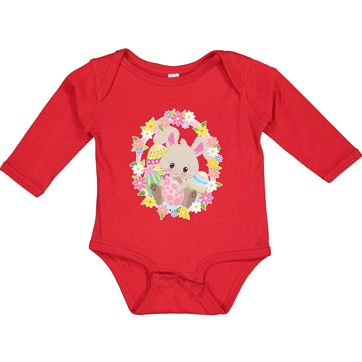 Inktastic Easter Bunny with Flowers and Easter Eggs Baby Long Sleeve Bodysuit - Cute Easter Outfit for Boys & Girls - Perfect for Easter Photos, Church, and Family Gatherings