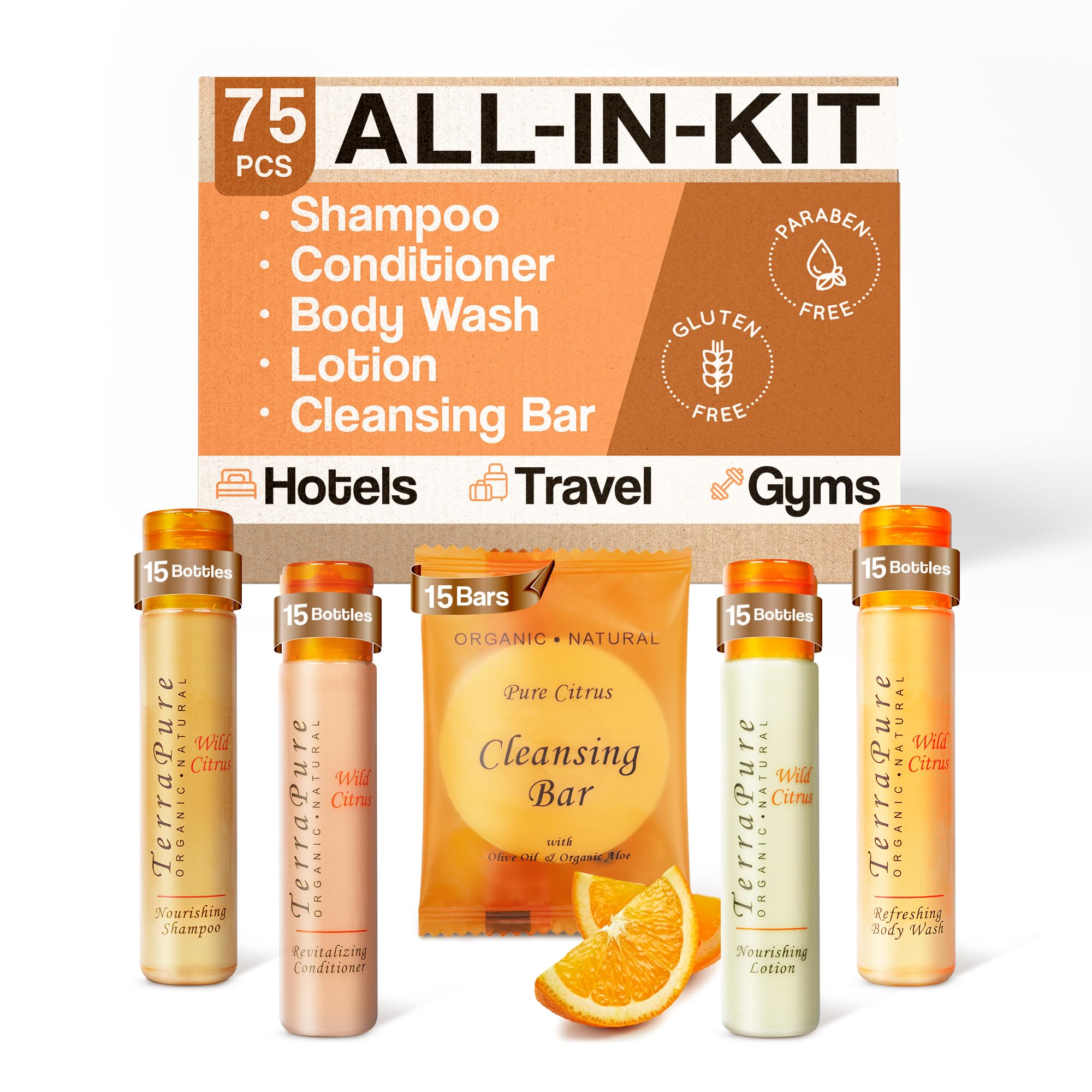 Terra Pure Wild Citrus Toiletries Set - 75 Piece Travel Amenities Kit with 1oz Shampoo, Conditioner, Body Wash, Lotion & Bar Soap | Perfect for Hotels, Spas, Gyms & Guest Bathrooms