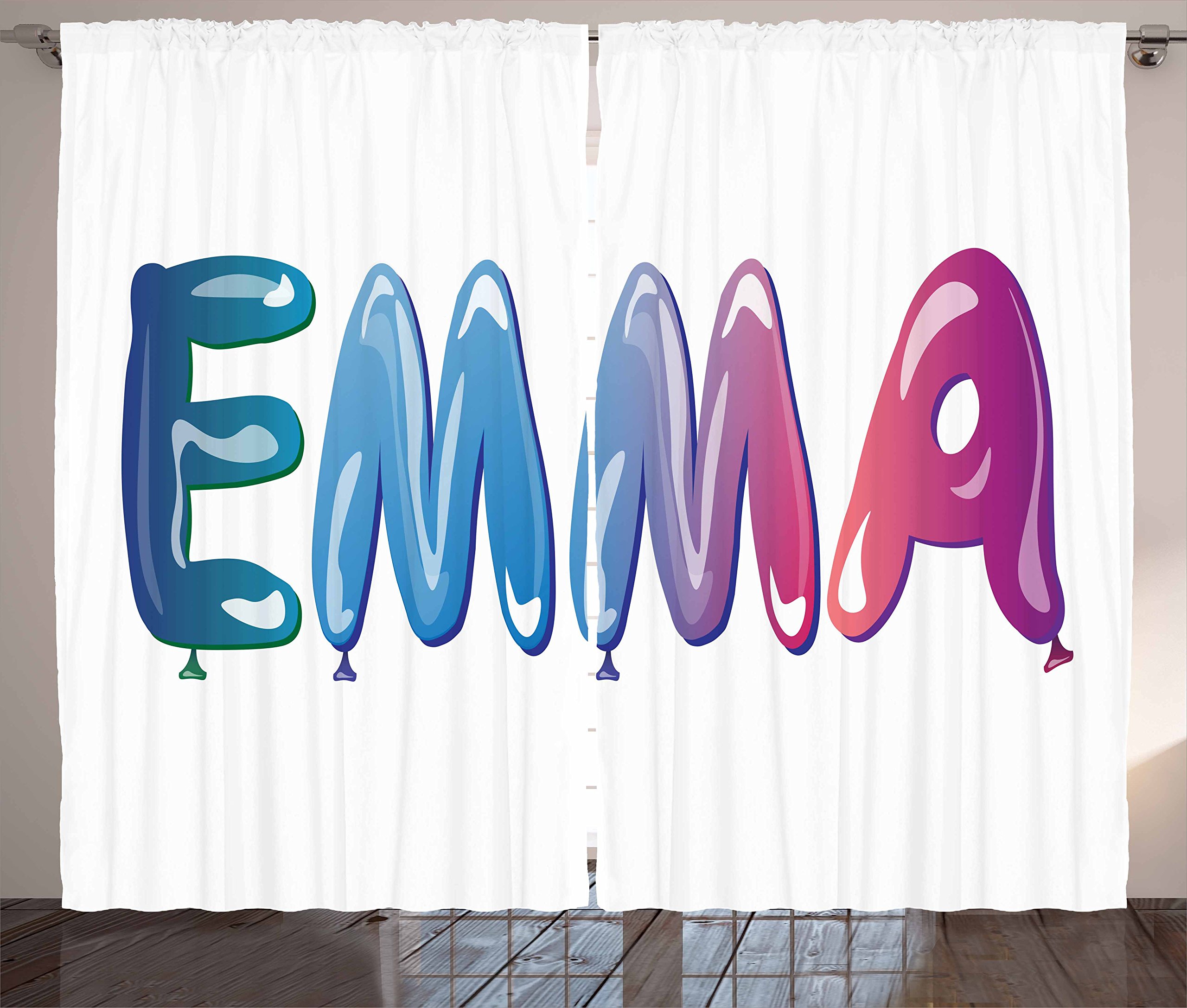 Ambesonne Emma Floral Balloon Curtains for Girls - Elegant Feminine Name Design with Ornate Balloons, Living Room & Bedroom Window Drapes, 2 Panel Set (108