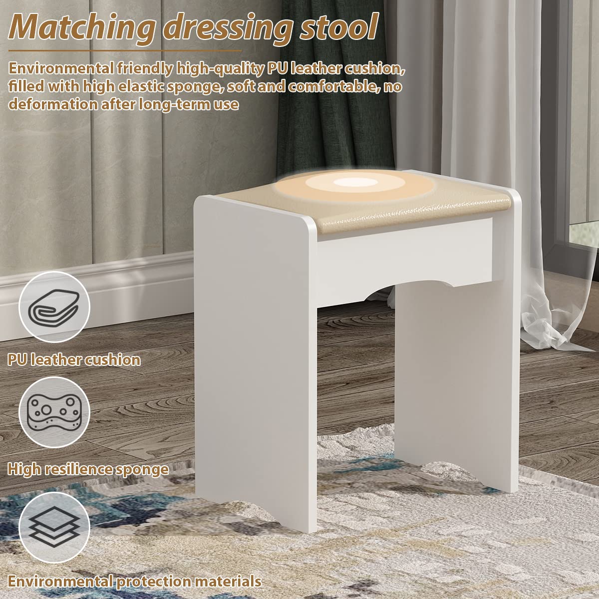 FUFU&GAGA White Vanity Set with LED Round Mirror - 5 Drawer Makeup Dressing Table, Storage Shelves & Cushioned Stool for Bedroom, Bathroom or Dressing Room - Perfect for Makeup Application, Hair Styling & Home Decor