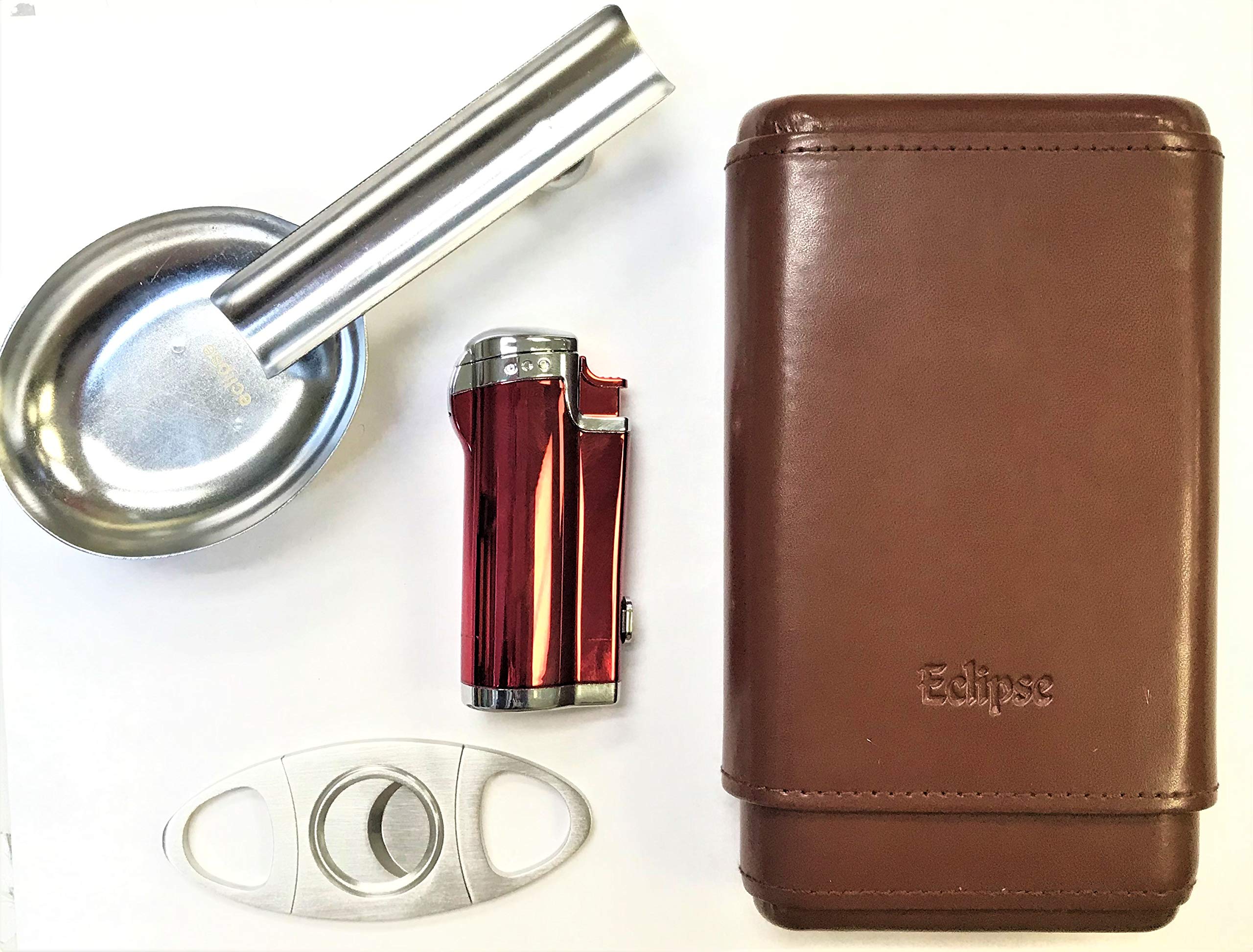 Premium Eclipse Cigar Gift Set - Cedar Lined Humidor Case, Stainless Steel Cutter, Cigar Ashtray & Quad Jet Torch Lighter with Punch (Brown) - Perfect for Cigar Enthusiasts, Gifts, and Relaxing Evenings