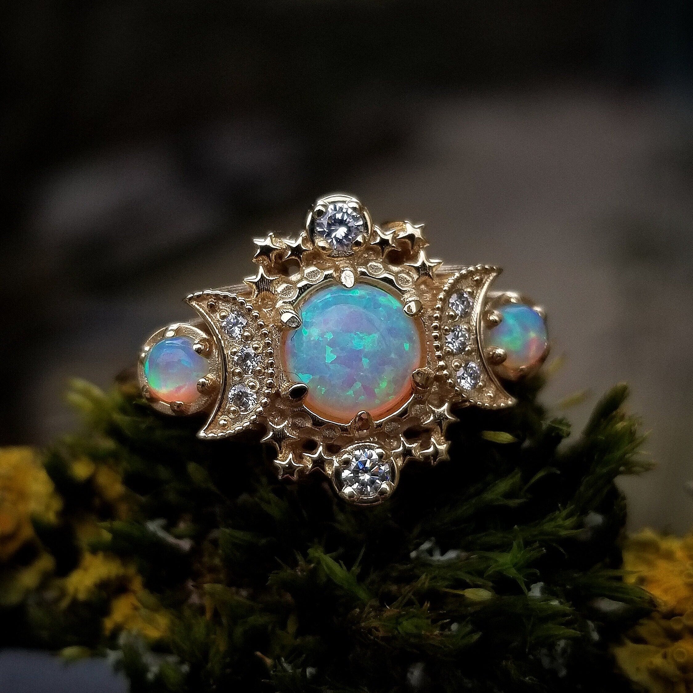 Chatham Opal Cosmos Moon Witchy Engagement Ring – Palladium White Gold Celestial 3-Stone Diamond Stardust Ring – Unique Fine Jewelry for Weddings, Handfasting Ceremonies & Boho Bridal Fashion