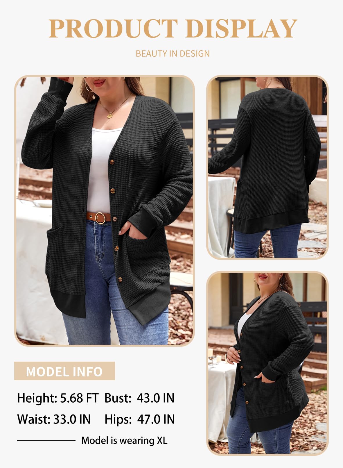 Eytino Women's Plus Size Cardigans (1X-5X) - Casual Long Sleeve Waffle Knit Button Front Open Cardigan for Work, Office & Everyday Wear