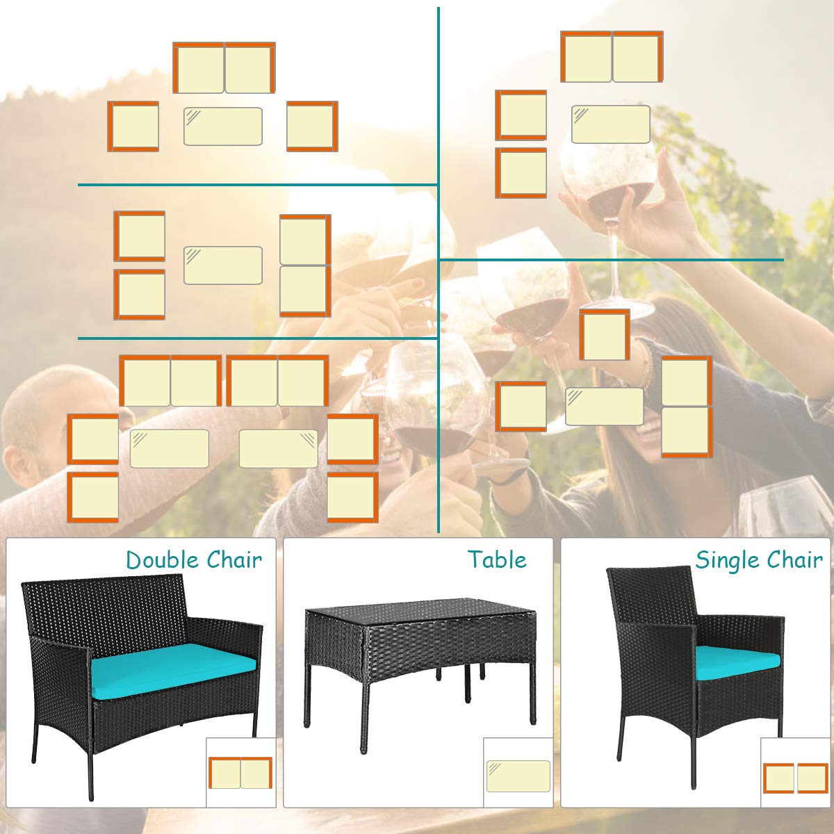Tangkula 4-Piece Outdoor Patio Furniture Set - Wicker Conversation Set with Tempered Glass Coffee Table, Rattan Loveseat & Chairs with Cushions - Perfect for Backyard, Garden, Poolside, and Patio (Turquoise)