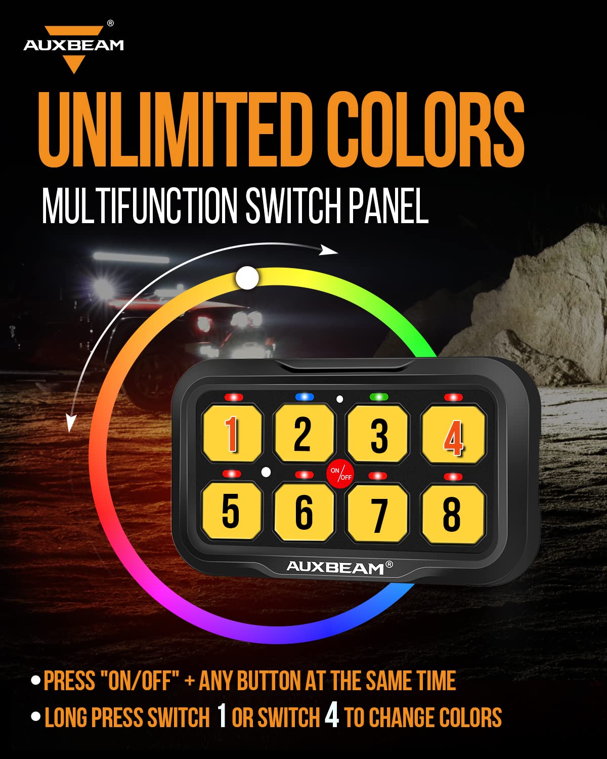 Auxbeam RGB 8 Gang Switch Panel RA80 X2 - Waterproof Dual Switch Panel with Momentary Pulsed Toggle for Offroad SUV, Hunting Truck, Camper Van, Food Truck & Boat | 2-Year Warranty | Perfect for Vehicle Lighting Control & Custom Wiring Projects