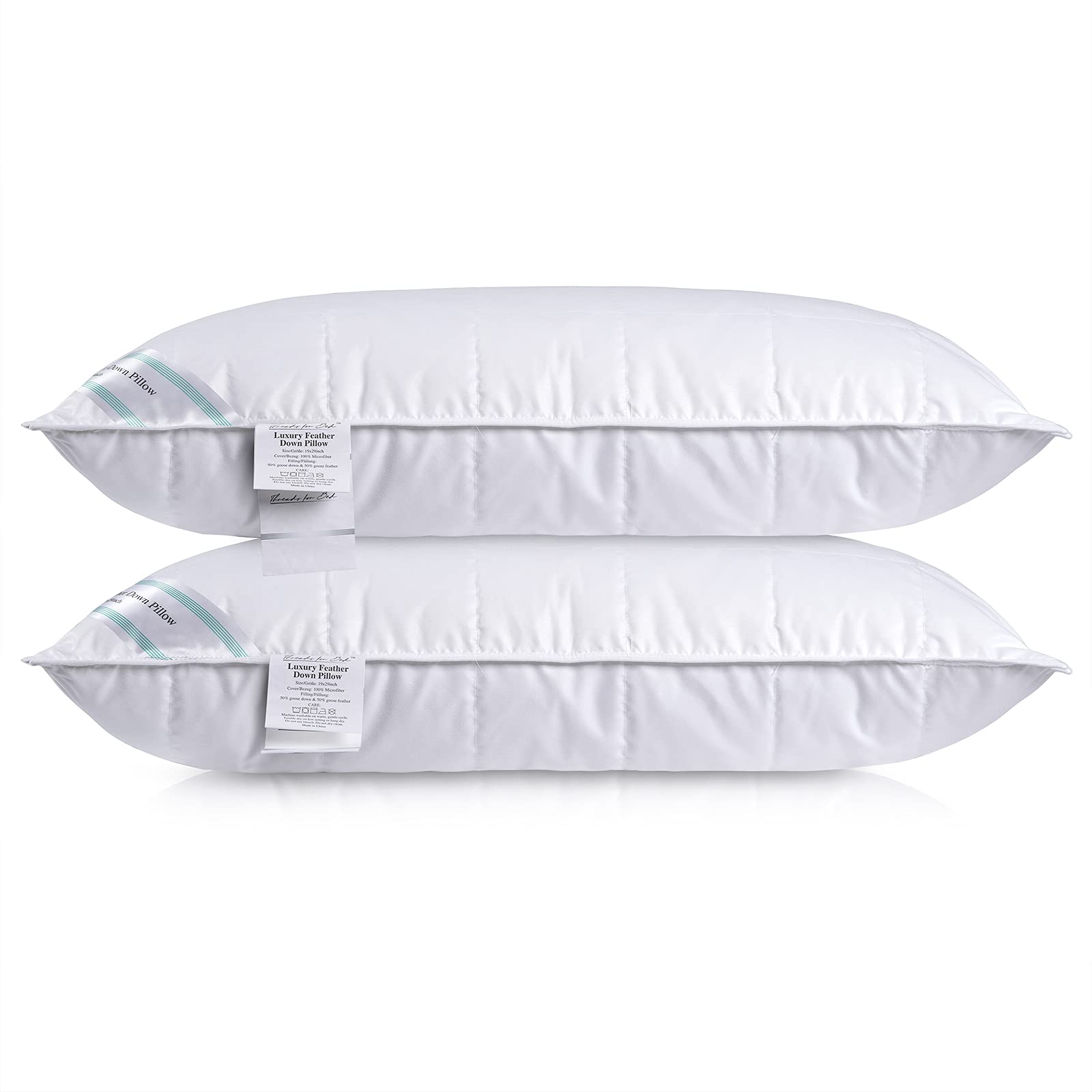 Premium Natural Feather & Down Pillows Set of 2 - Luxury Sleeping Pillows with Downproof Dual Layer Cover, Medium/Soft Support for Back & Side Sleepers (19x29 Inches) - Perfect for Home, Hotel & Guest Room Comfort