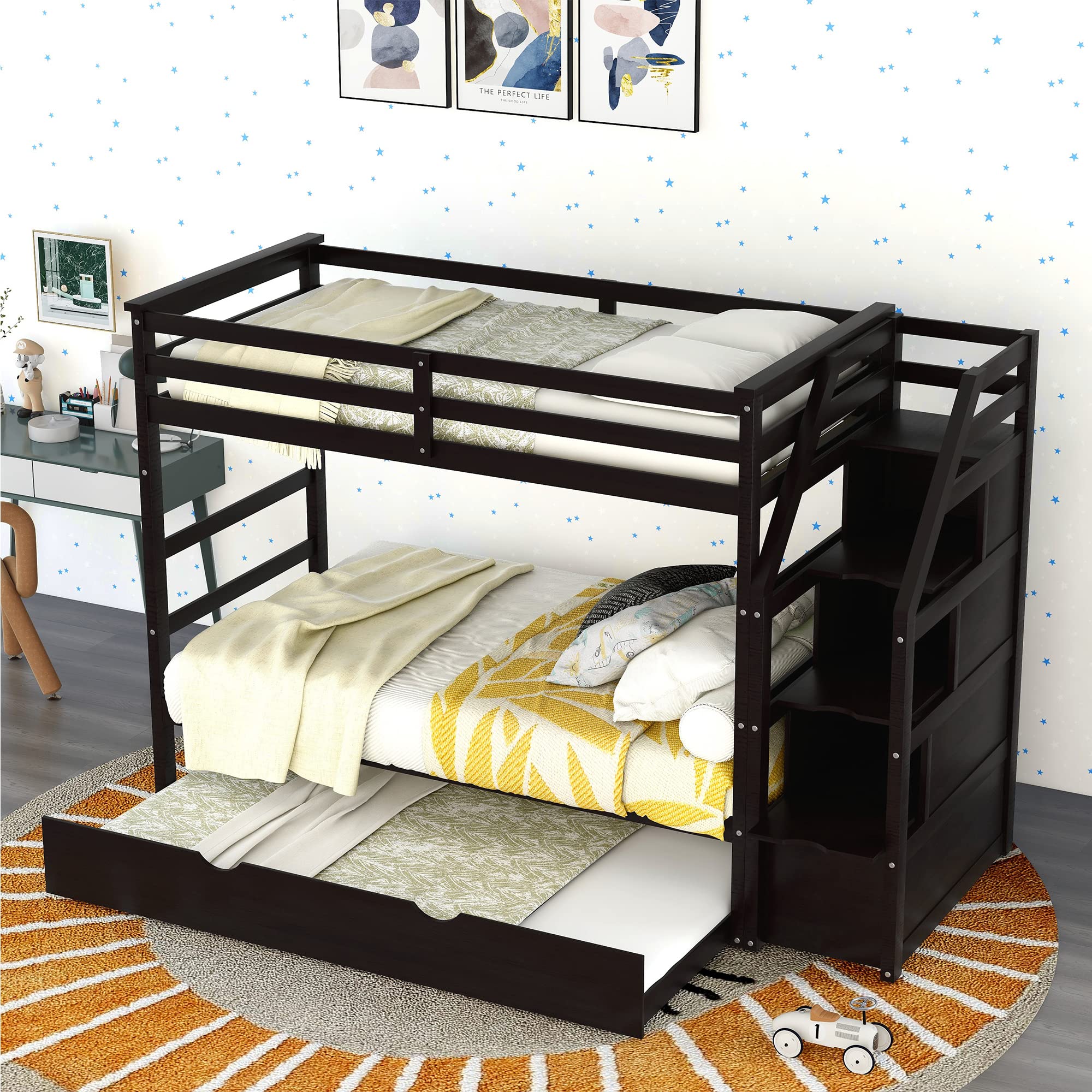 **Wooden Twin Bunk Bed with Stairs & Storage Drawers - Kids Bunk Bed Frame with Pull-Out Trundle for Boys & Girls - Space-Saving Grey Bunk Bed for Small Bedrooms, Kids' Rooms & Guest Rooms**