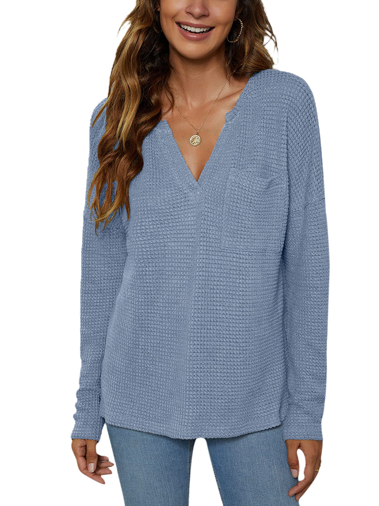 Cozy Women's Waffle Knit Oversized Sweater - V-Neck Long Sleeve Pullover with Chest Pockets | Warm Loose Fall Tops for Casual Outfits, Coffee Dates & Cozy Nights