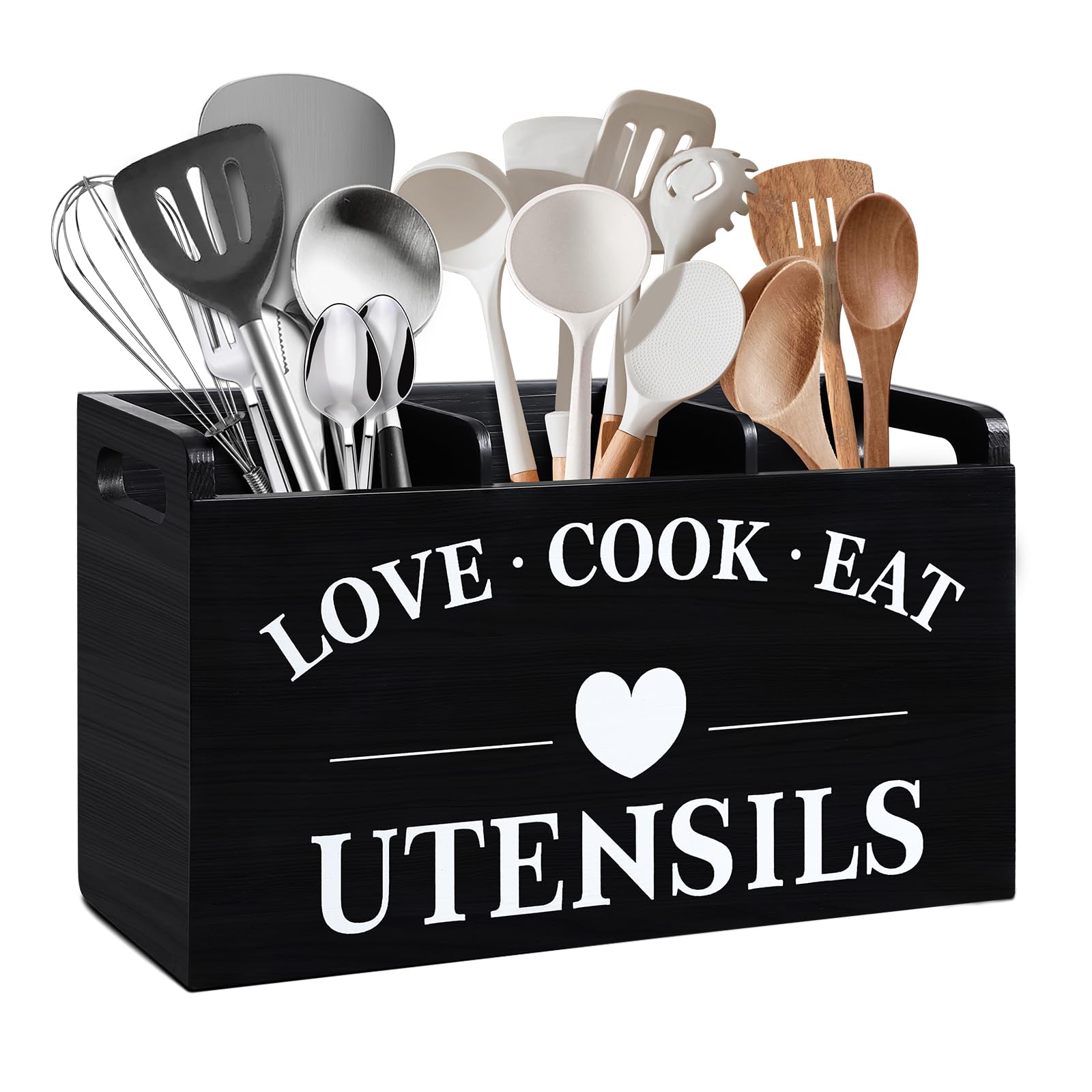 3 Compartment Wooden Utensil Holder - Large Kitchen Countertop Organizer for Cooking Tools, Spoons & Spatulas | Pine Wood Crock with Natural Finish | Perfect for Kitchen Decor & Utensil Storage (Black)