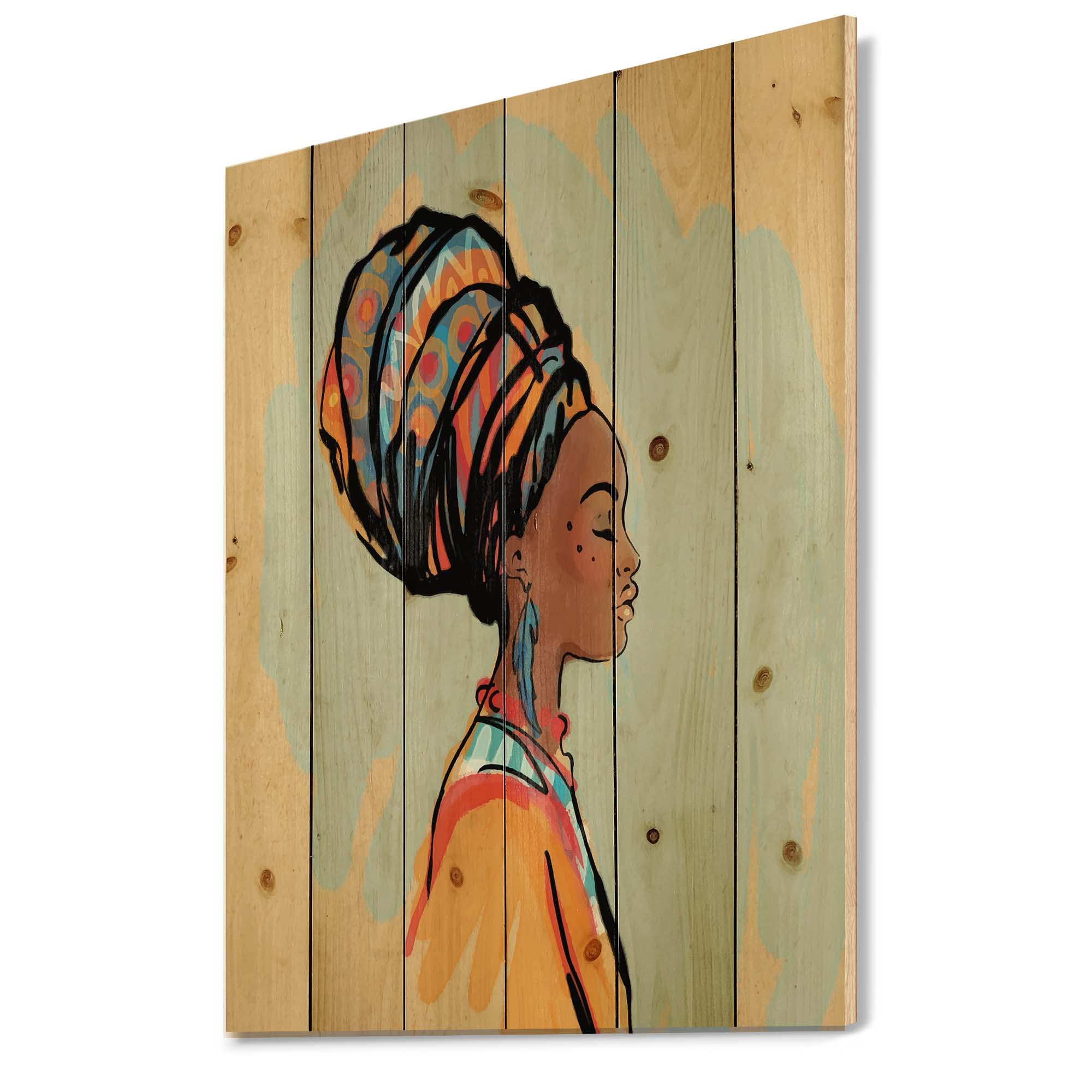 Modern Afro Woman Wood Wall Art - Blue Turban Portrait on Pine for Home Decor