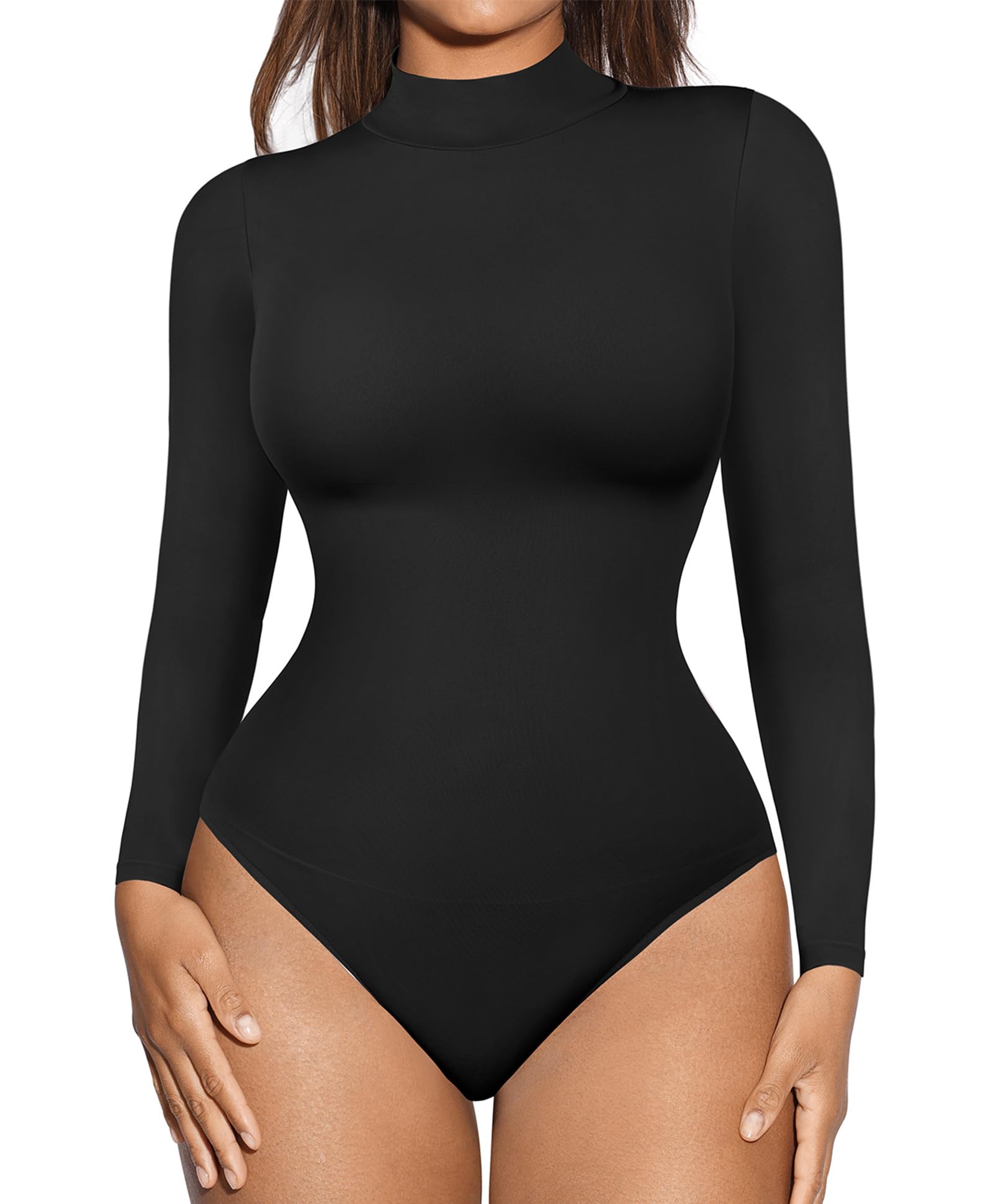 FeelinGirl Women's Seamless Long Sleeve Thong Bodysuit - Tummy Control Shapewear for Slimming & Smoothing - Perfect for Layering Under Dresses or Casual Outfits