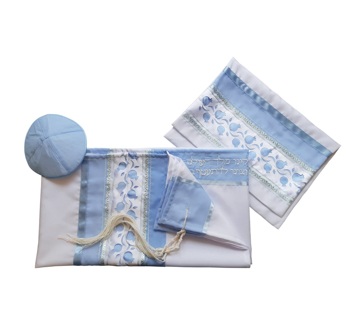 Light Blue Pomegranate Tallit for Women - Elegant Bat Mitzvah Prayer Shawl with Pomegranate Design - Perfect for Synagogue Services, Jewish Ceremonies & Special Occasions