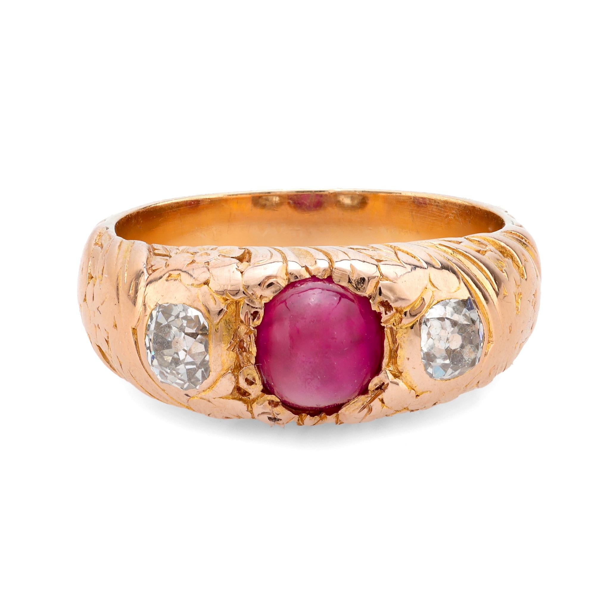Victorian Style 18K Rose Gold Three Stone Ring with Natural Ruby and Diamonds - Elegant Vintage Jewelry for Weddings, Anniversaries & Special Occasions