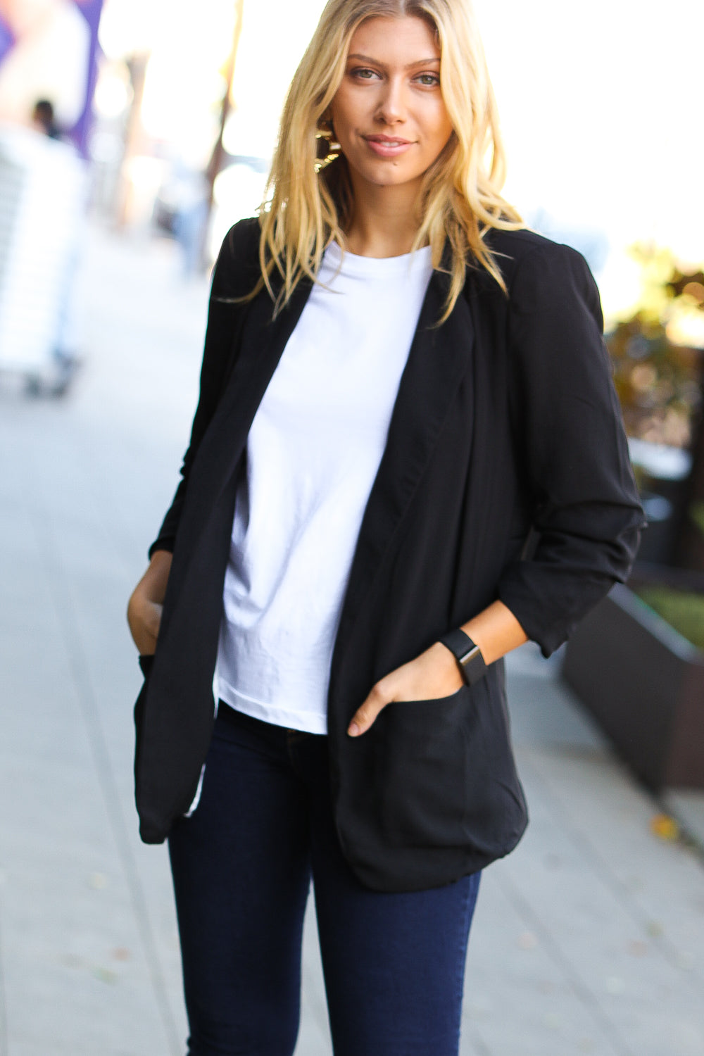 More To Love Black Notched Lapel Ruched Sleeve Blazer for Women - Elegant Office Wear & Evening Outfits | Plus Size Business Jacket for Work, Parties & Special Occasions